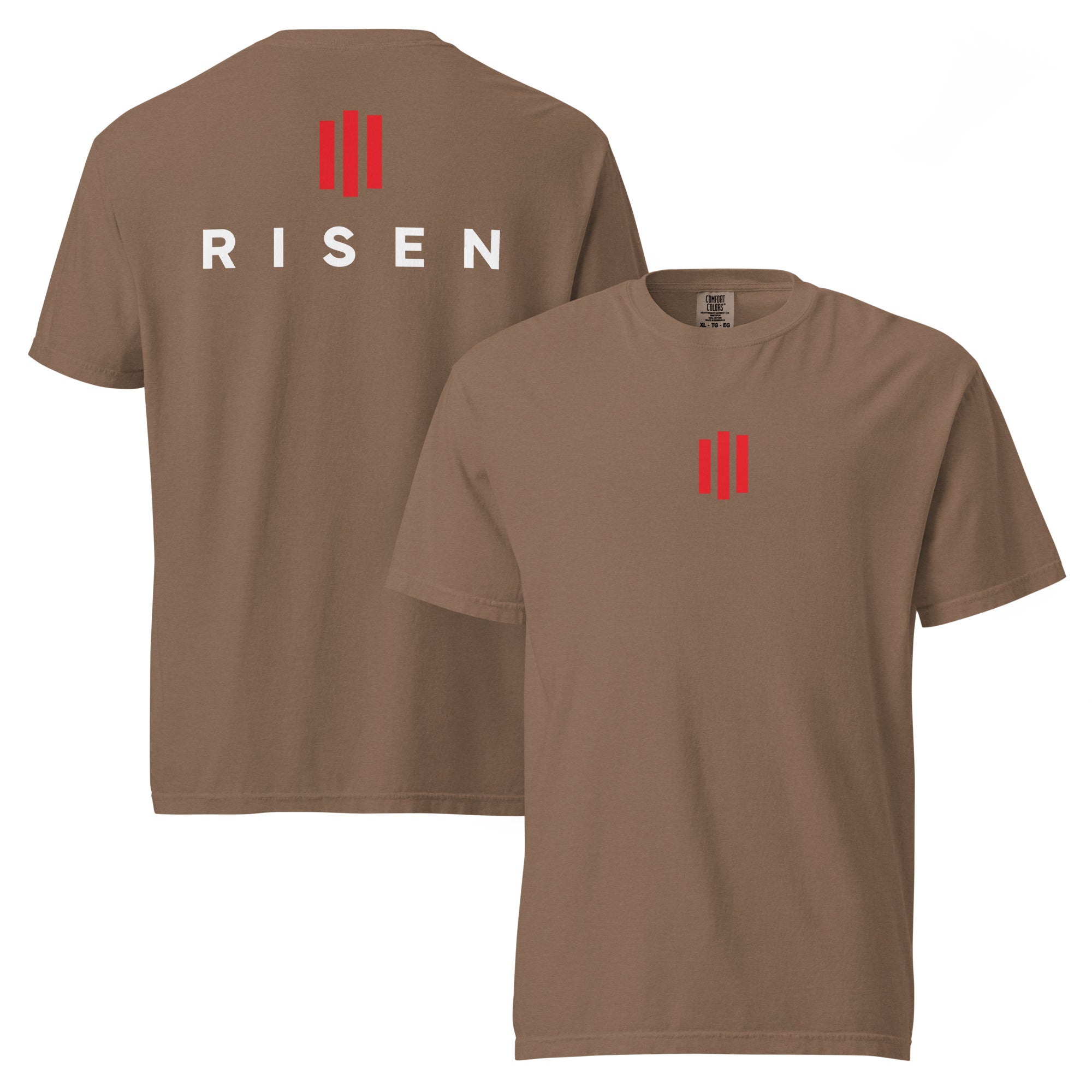 Image of Risen t-shirt Christian espresso front and back view — Entrusted to Him
