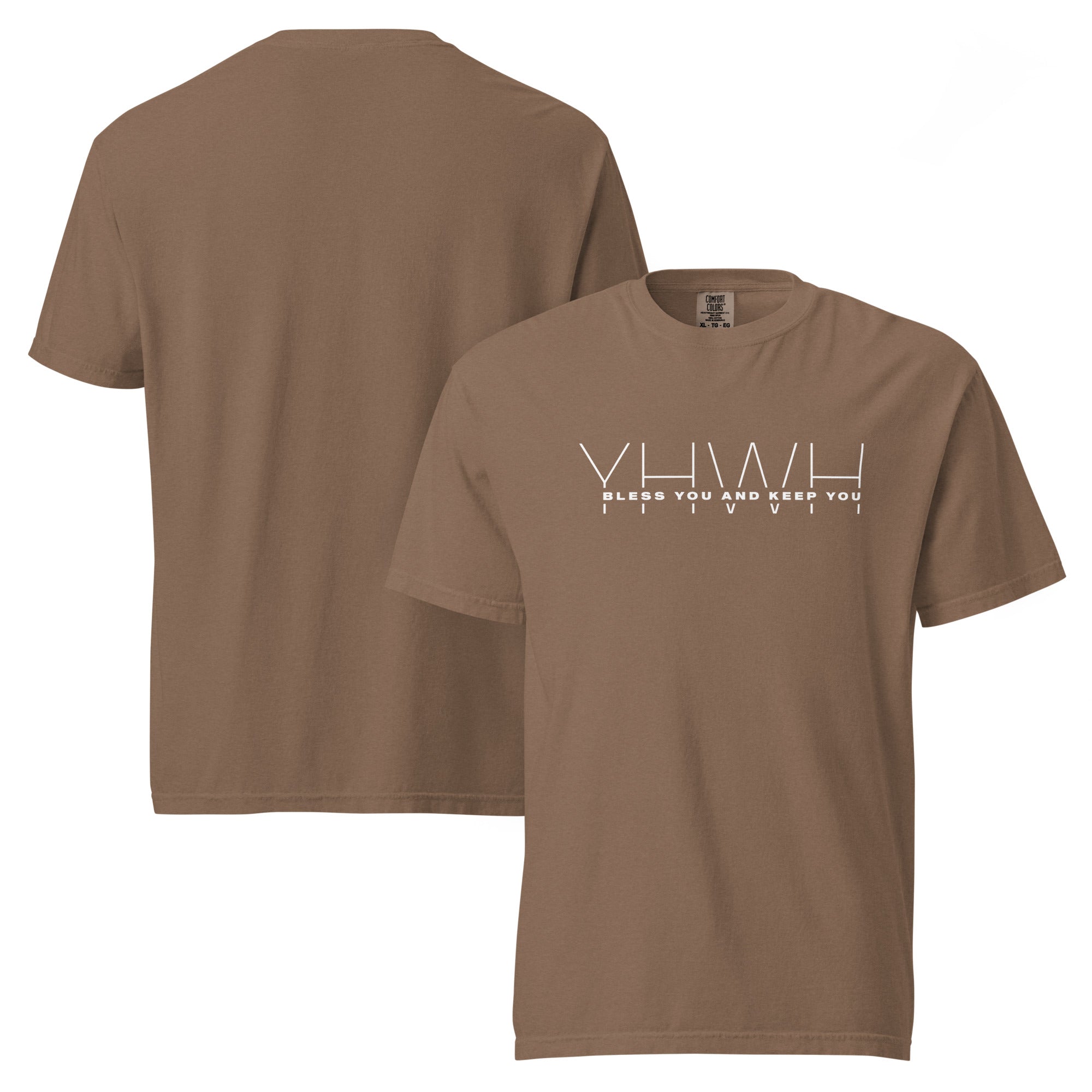 Image of YHWH Jesus t-shirt espresso front and back view — Entrusted to Him