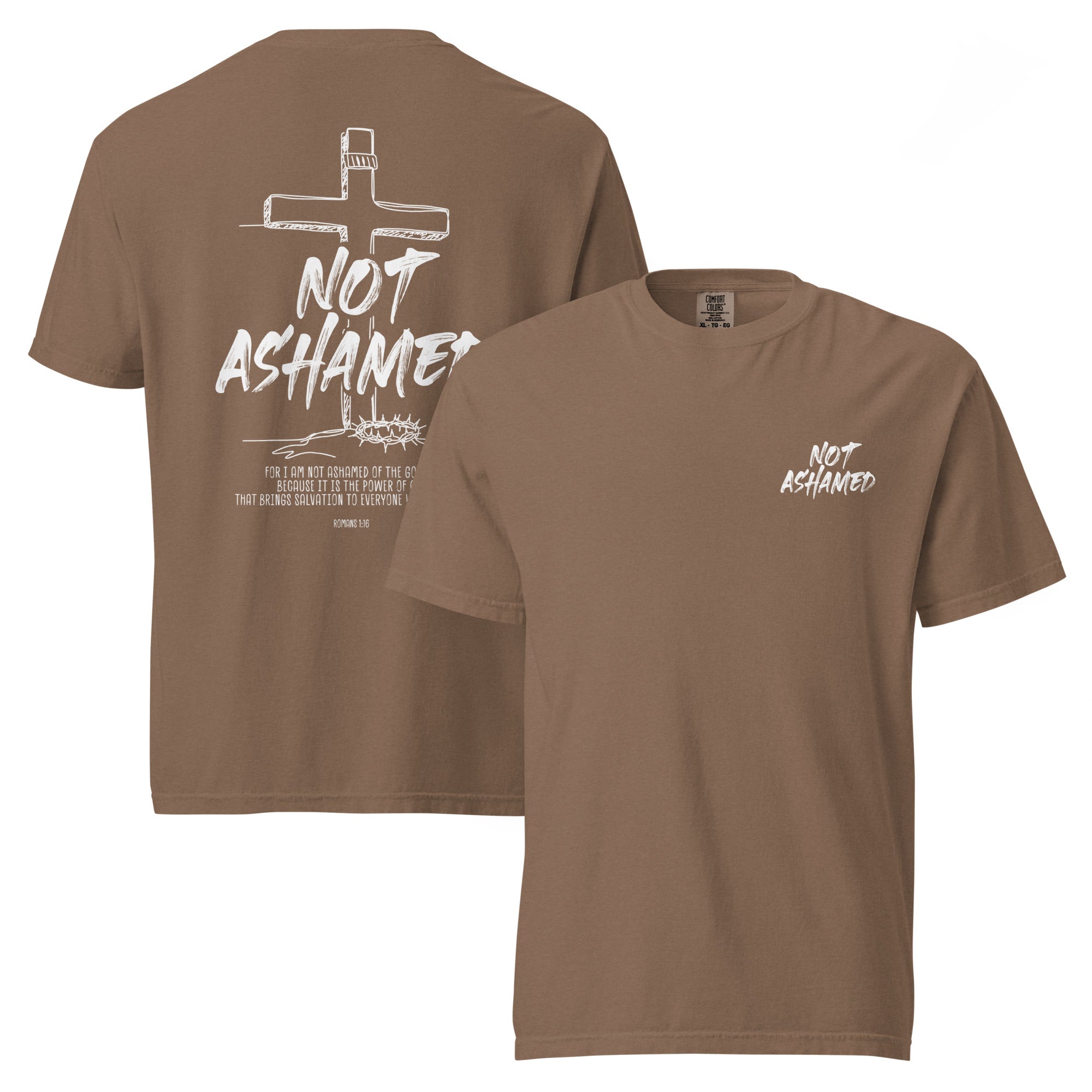 Image of Not Ashamed Bible verse shirt espresso front and back view — Entrusted to Him