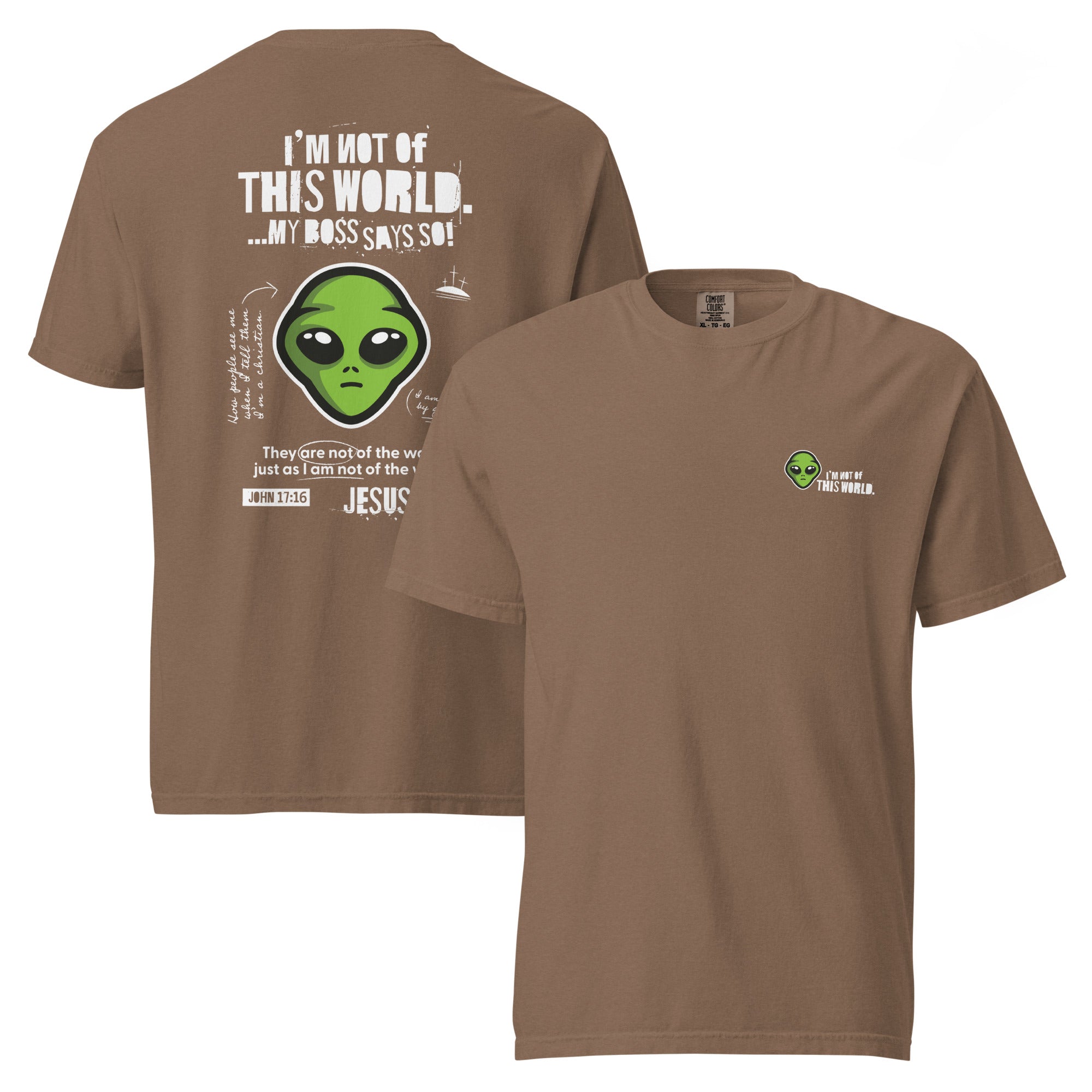 Image of Not From This World Christian t-shirt espresso front and back view — Entrusted to Him