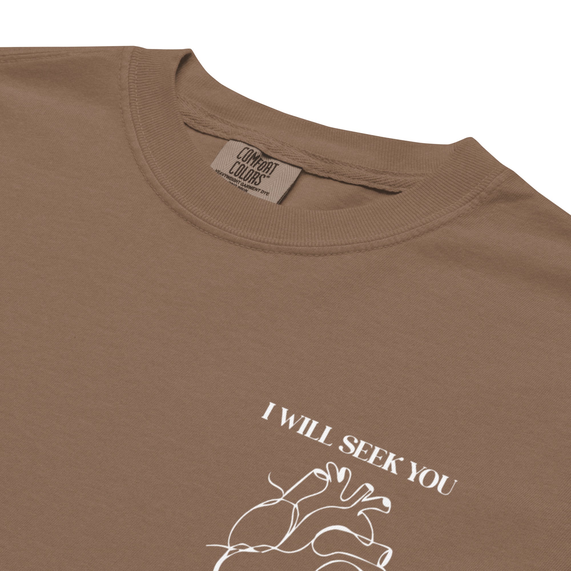 Image of Wholeheartedly scripture t-shirt espresso close-up detail view — Entrusted to Him