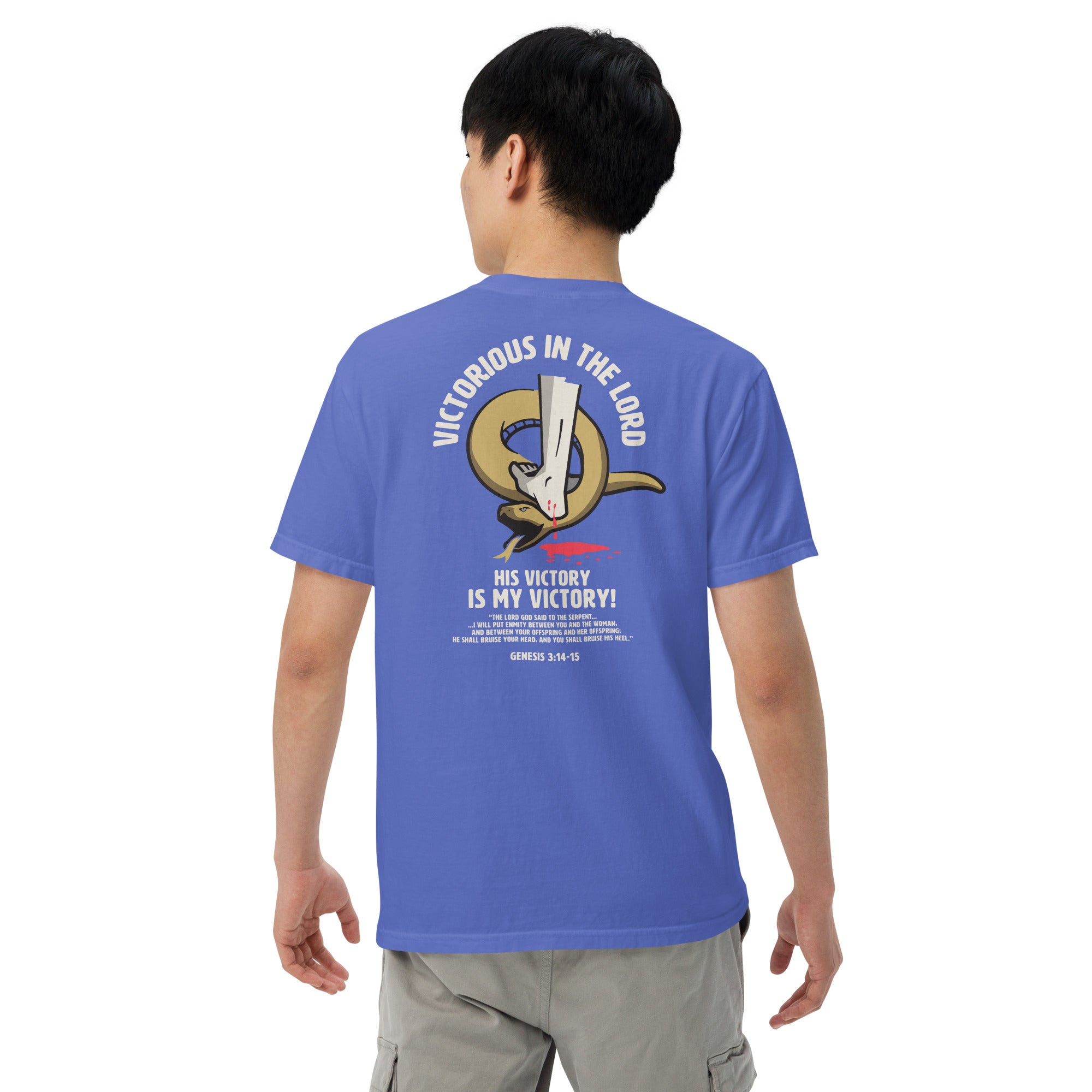 Image of Victorious christian t-shirt flo blue back alternate view — Entrusted to Him