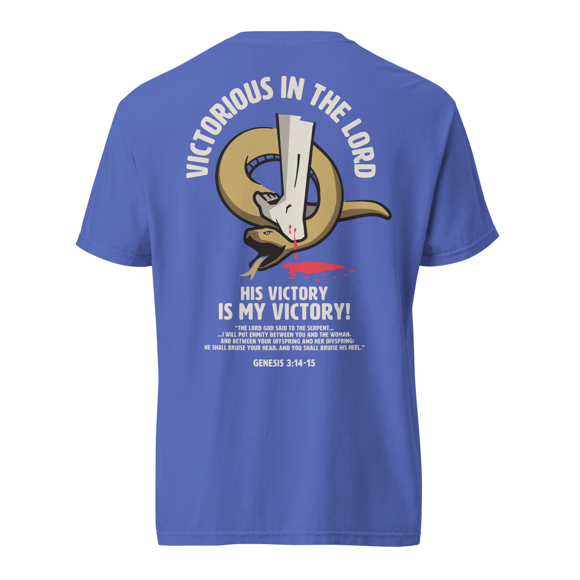 Image of Victorious Jesus shirt flo blue back view — Entrusted to Him
