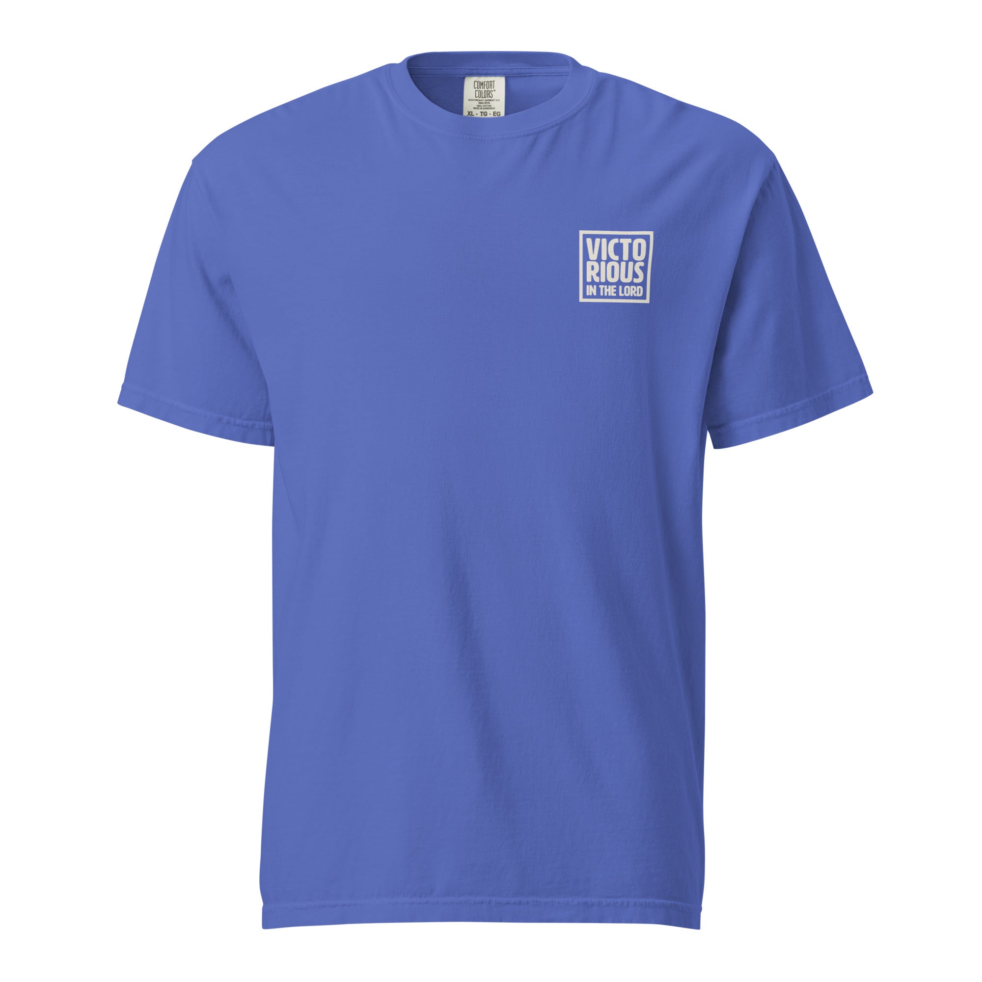 Image of Victorious christian t-shirt flo blue front view — Entrusted to Him