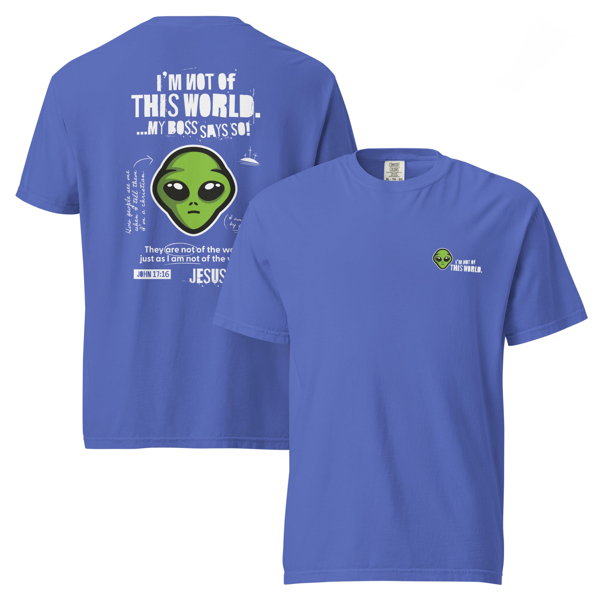 Image of Not From This World scripture t-shirt flo blue front and back view — Entrusted to Him