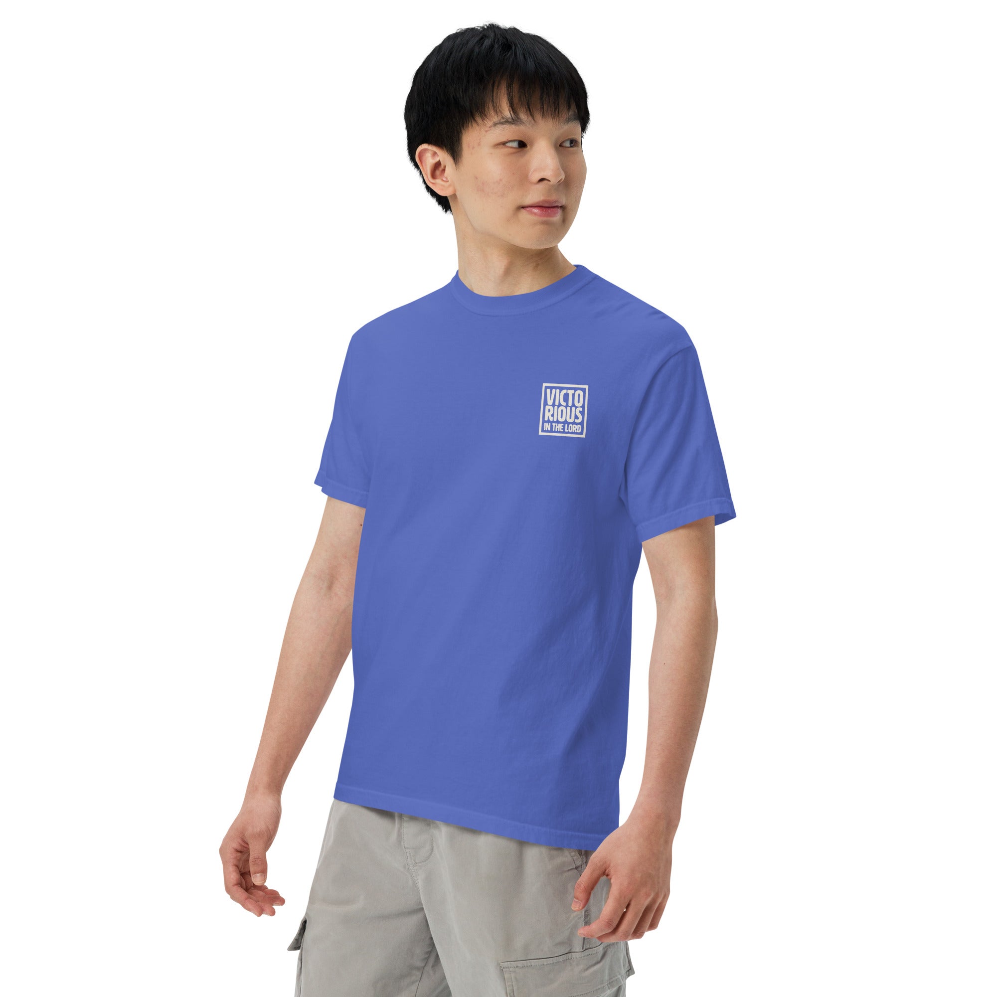 Image of Victorious christian graphic tee flo blue left front view — Entrusted to Him