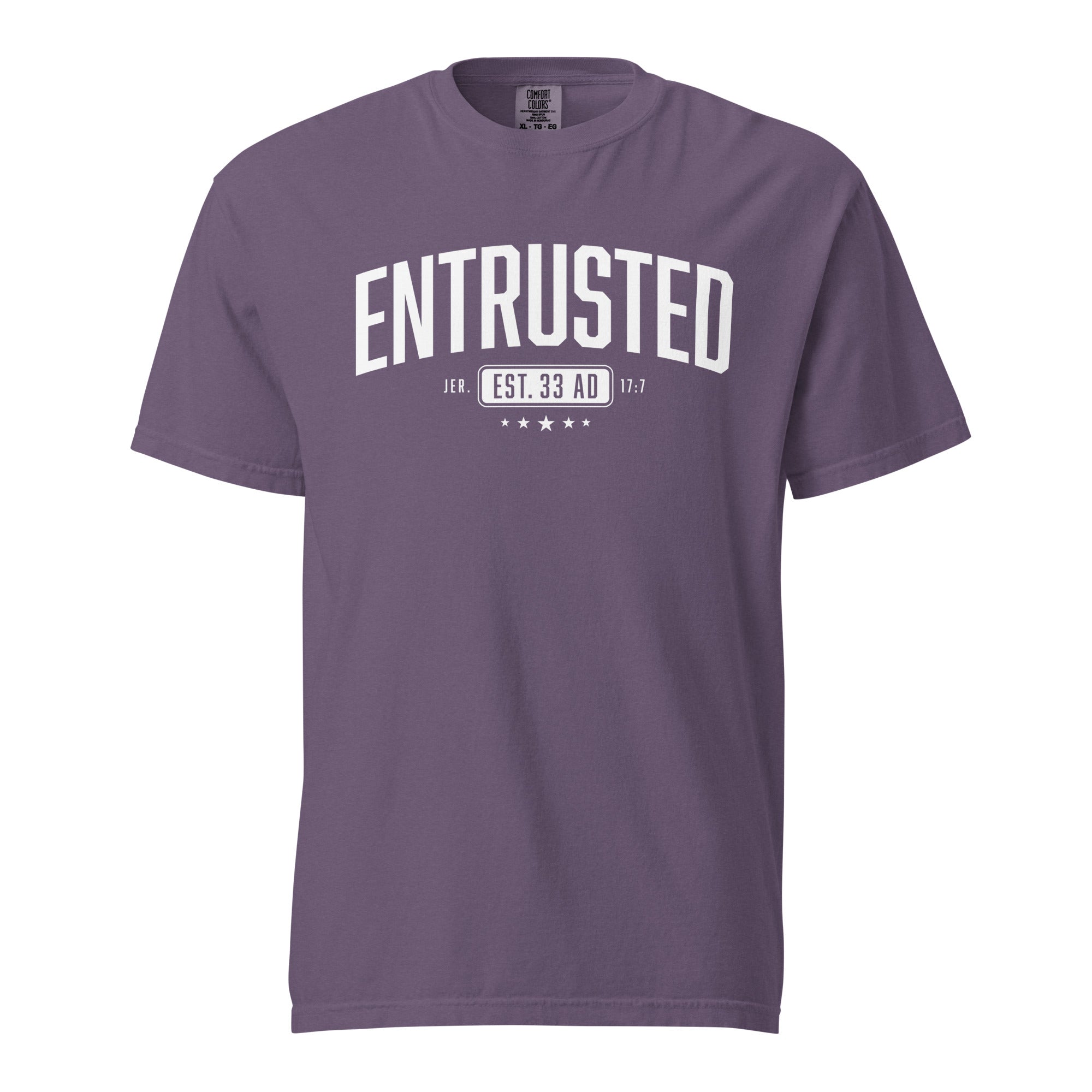 Image of Entrusted Est. 33AD Christian graphic tee grape front view — Entrusted to Him