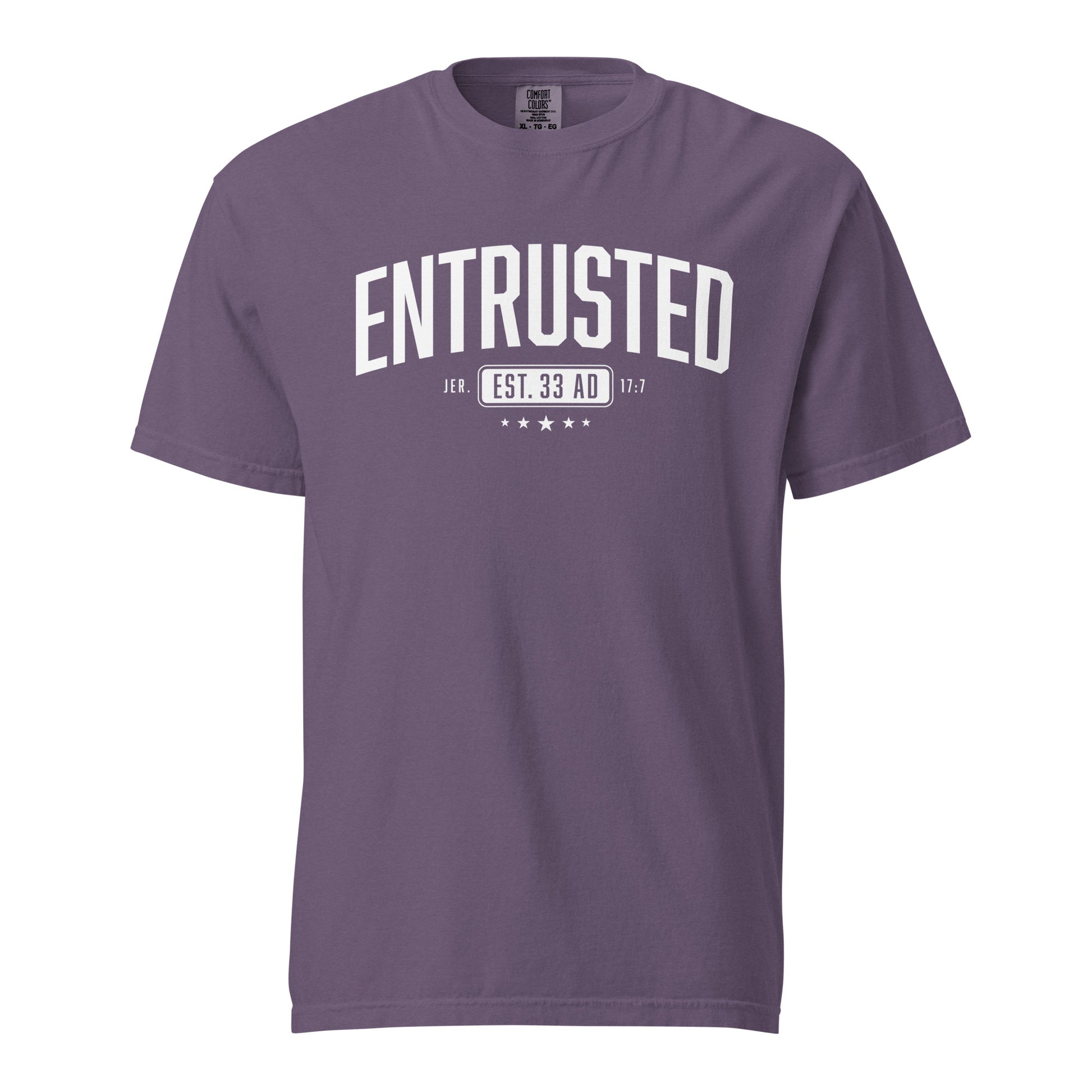 Entrusted Est. 33AD Christian graphic tee grape front view — Entrusted to Him