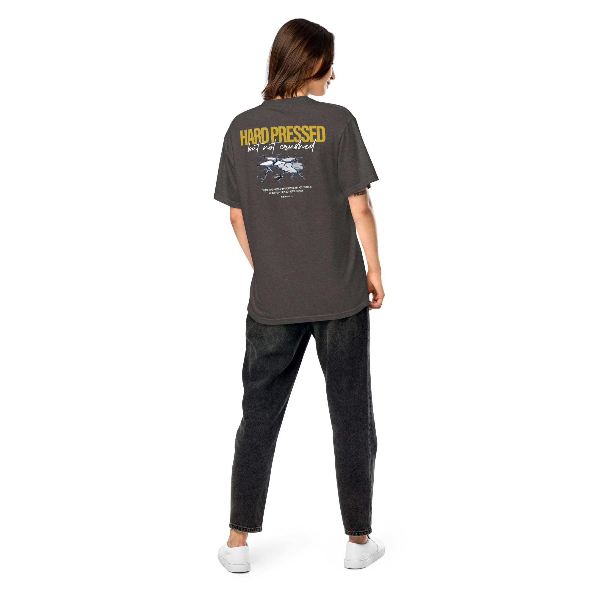 Image of Hard Pressed scripture t-shirt graphite back alternate view — Entrusted to Him