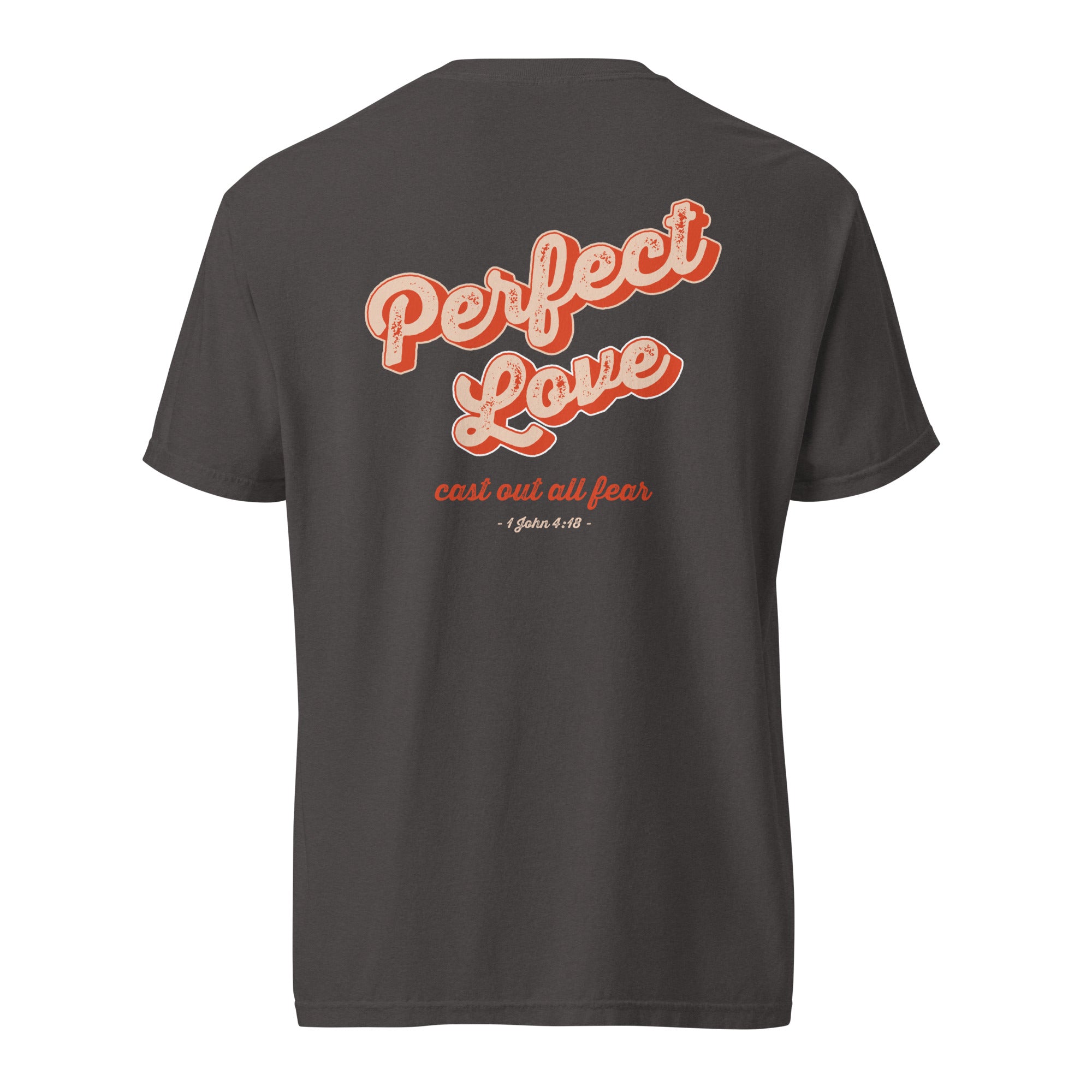 Image of Perfect Love Jesus shirt graphite front flat view — Entrusted to Him