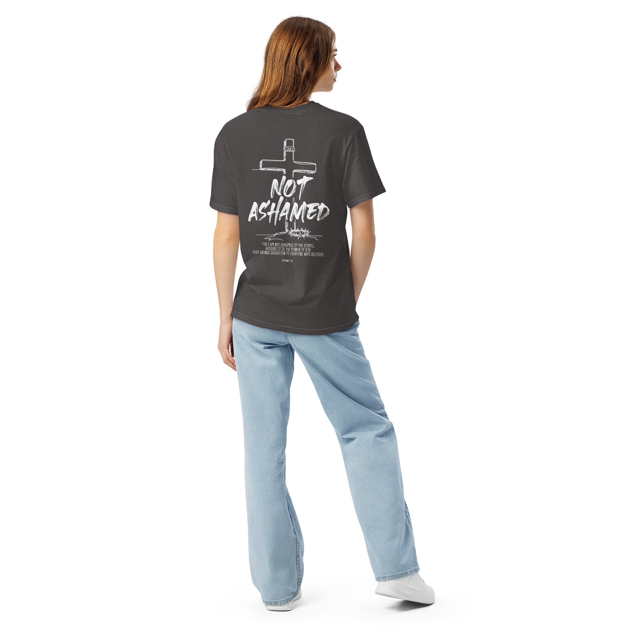 Image of Not Ashamed Christian t-shirt graphite back view — Entrusted to Him