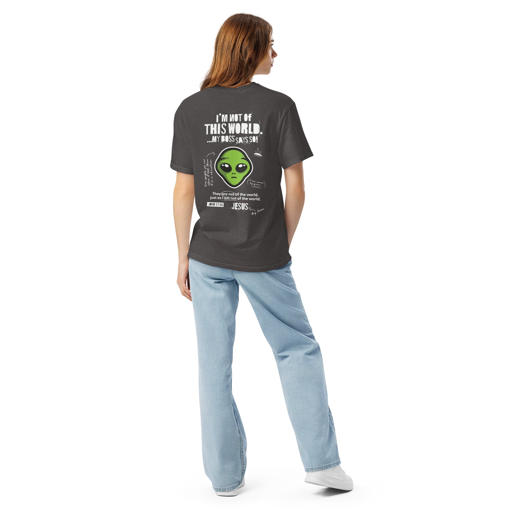 Image of Not From This World Christian t-shirt graphite back view — Entrusted to Him