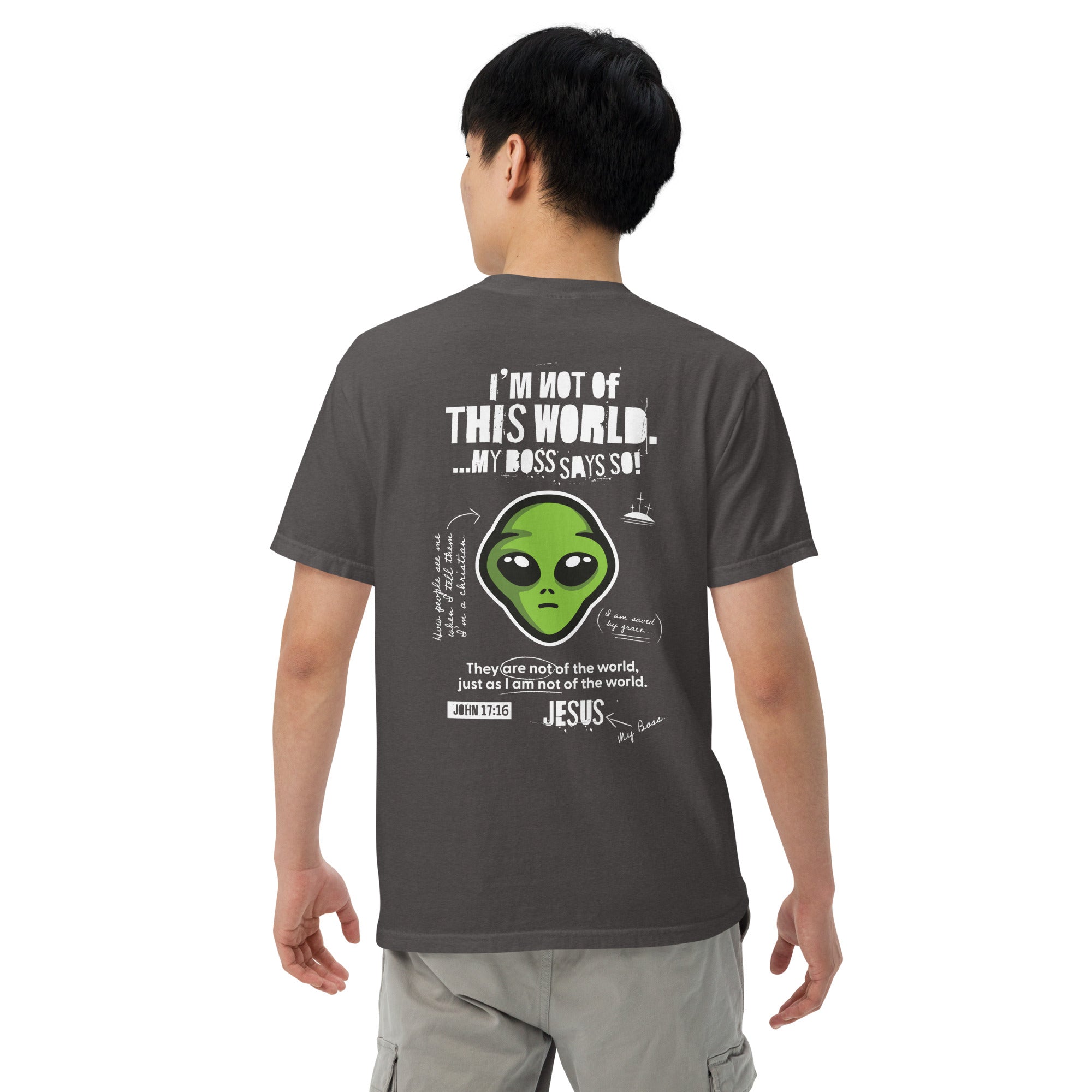 Image of Not From This World Christian t-shirt graphite back alternate view — Entrusted to Him