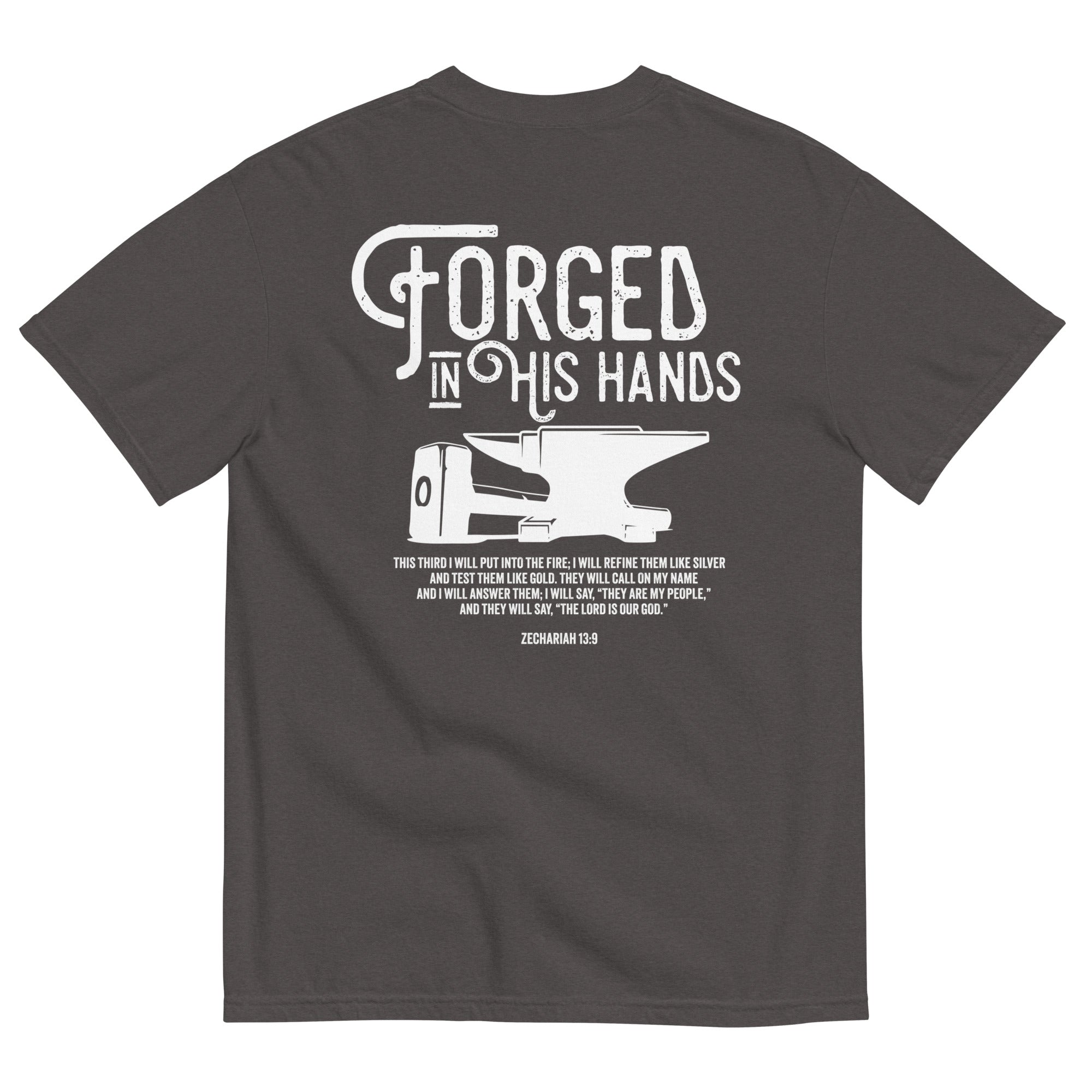 Image of Forged in His Hands scripture t-shirt graphite back view — Entrusted to Him