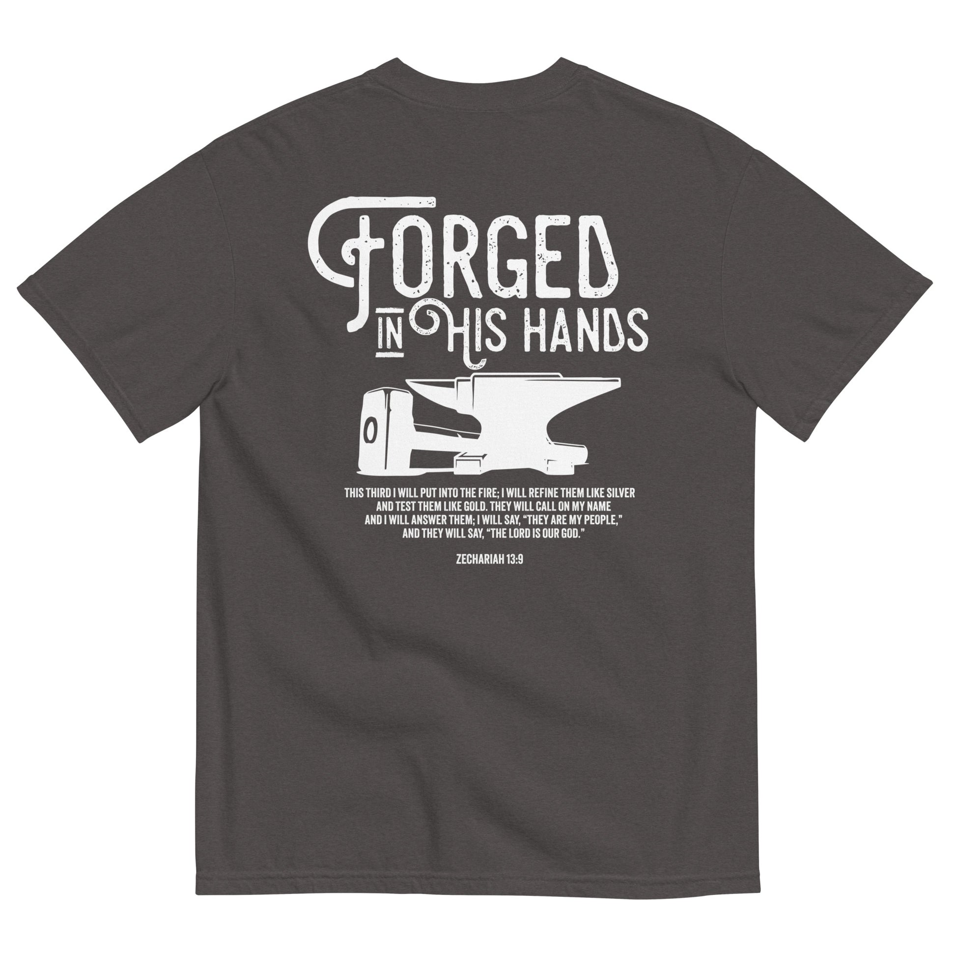 Forged in His Hands scripture t-shirt graphite back view — Entrusted to Him