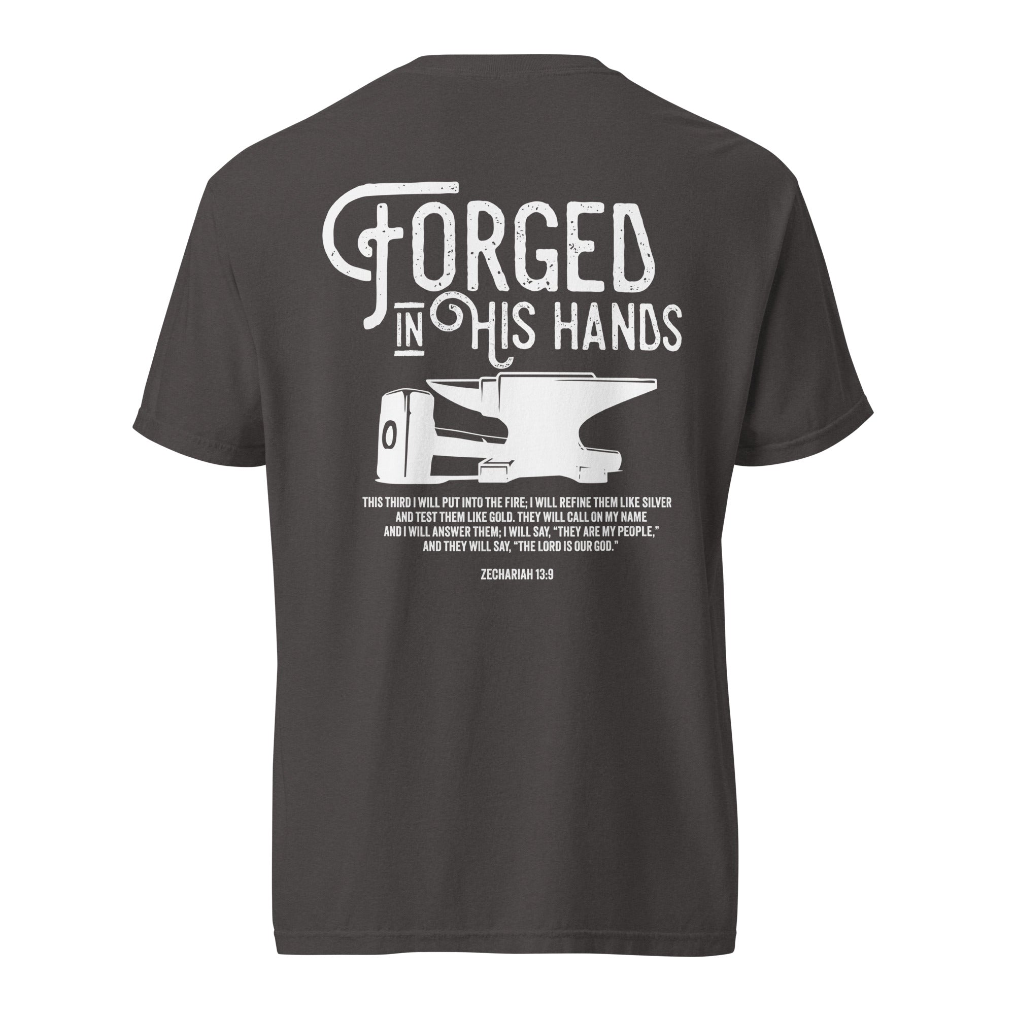 Image of Forged in His Hands Christian t-shirt graphite back alternate view — Entrusted to Him