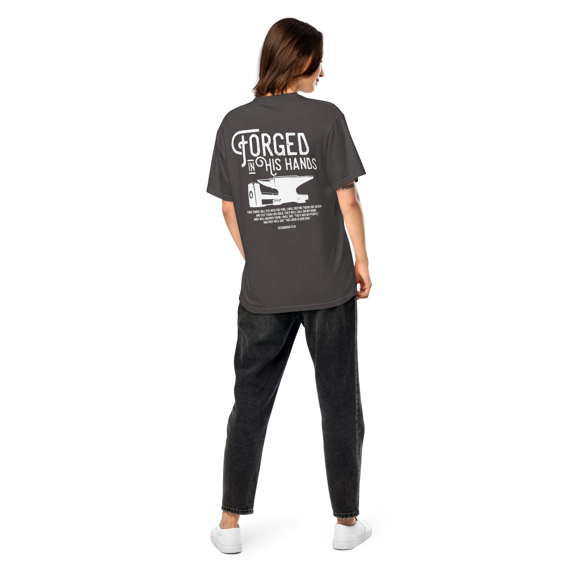 Image of Forged in His Hands Jesus shirt graphite back view — Entrusted to Him