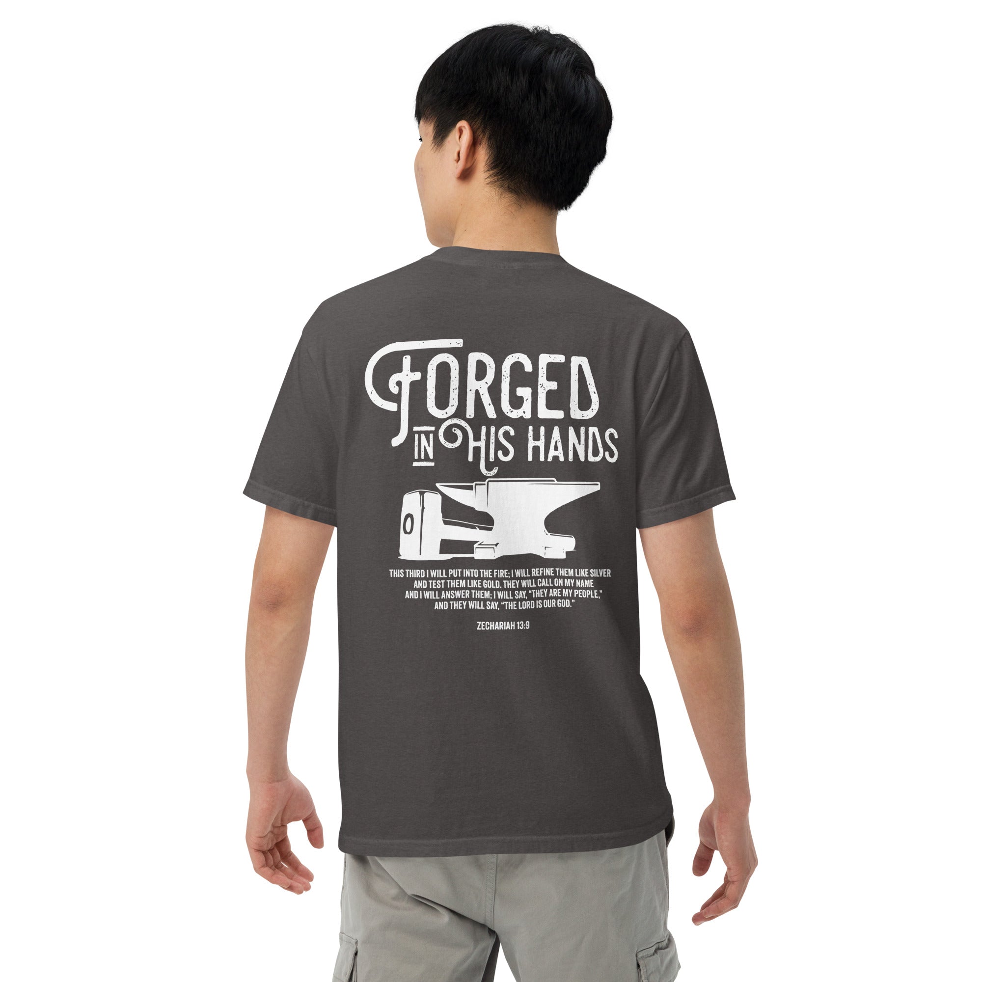 Image of Forged in His Hands Christian t-shirt graphite back view — Entrusted to Him