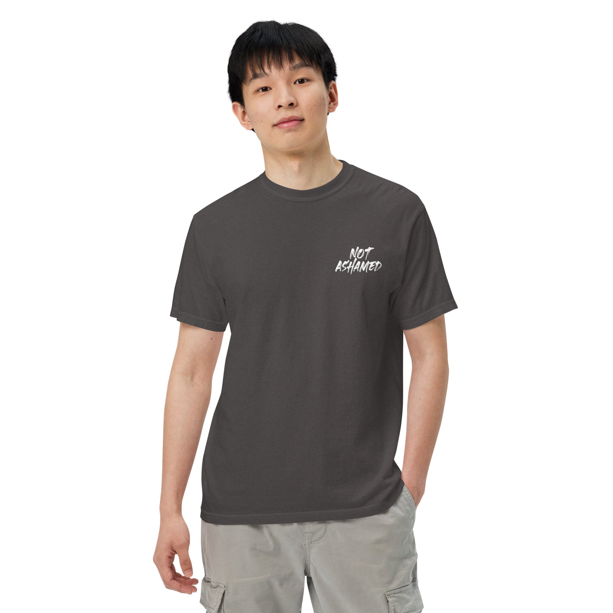 Image of Not Ashamed Christian graphic tee graphite front alternate view — Entrusted to Him