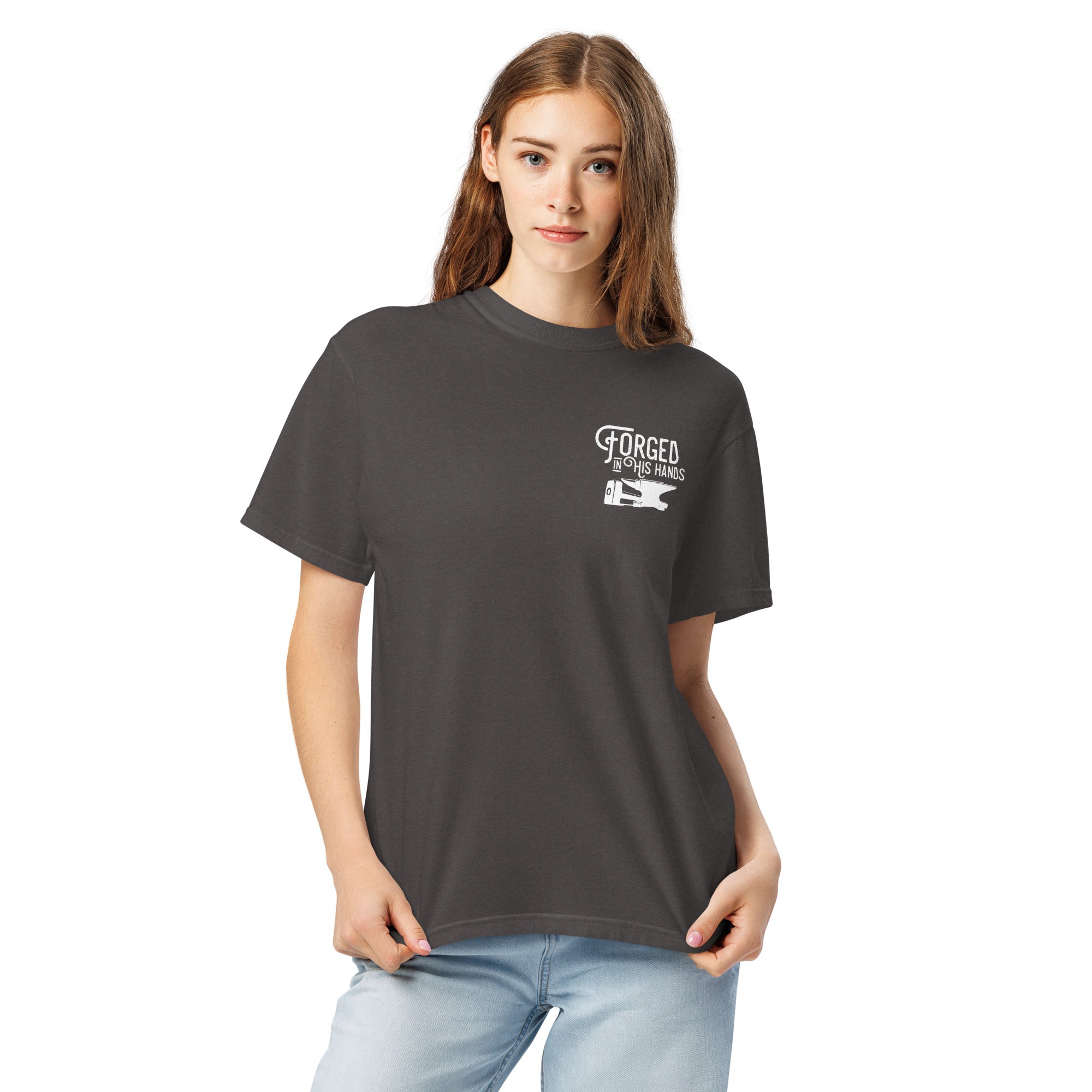 Image of Forged in His Hands scripture t-shirt graphite front view — Entrusted to Him