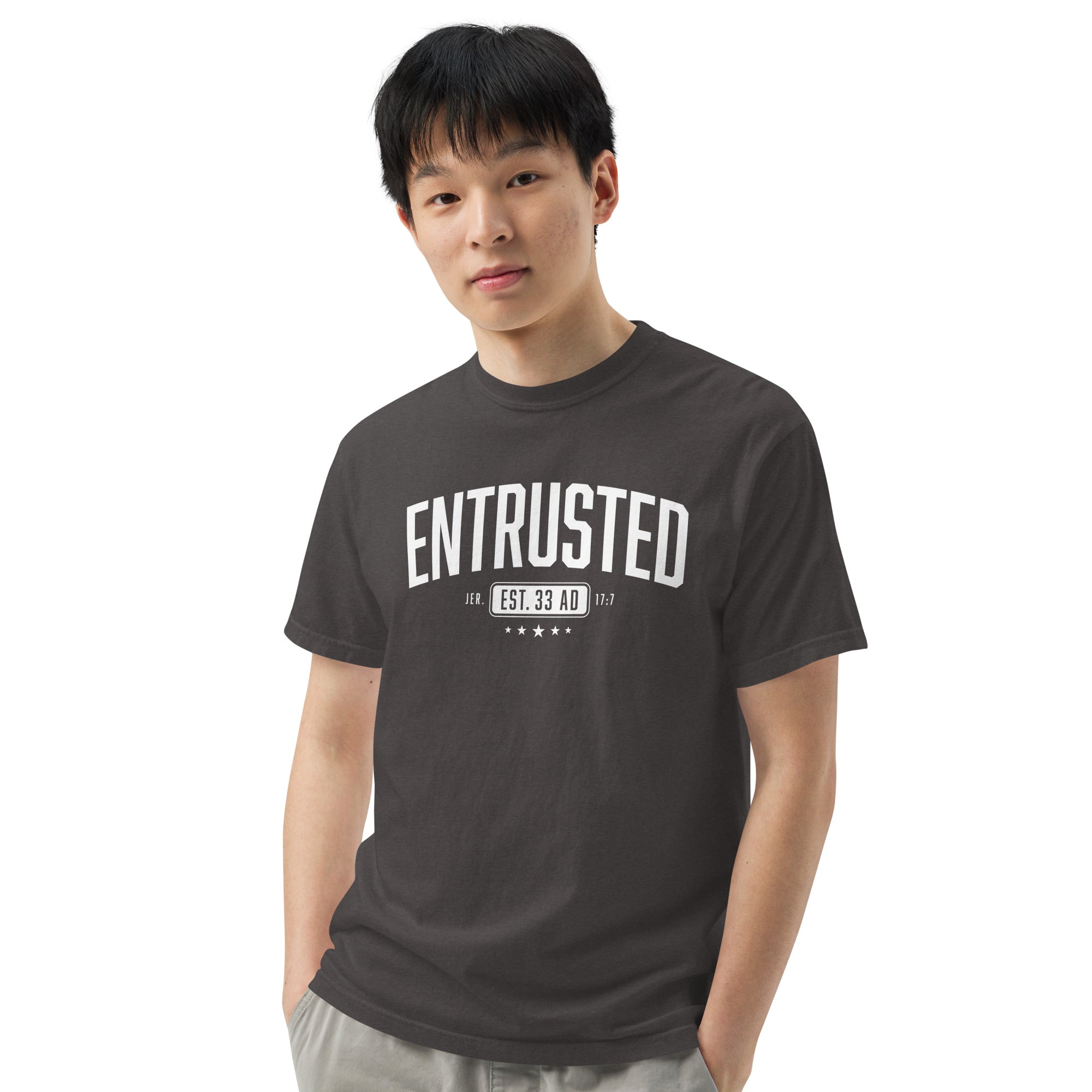 Image of Entrusted Est. 33AD Christian t-shirt graphite front alternate view — Entrusted to Him