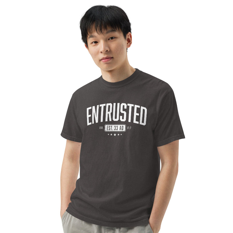 Entrusted Est. 33AD Christian t-shirt graphite front alternate view — Entrusted to Him