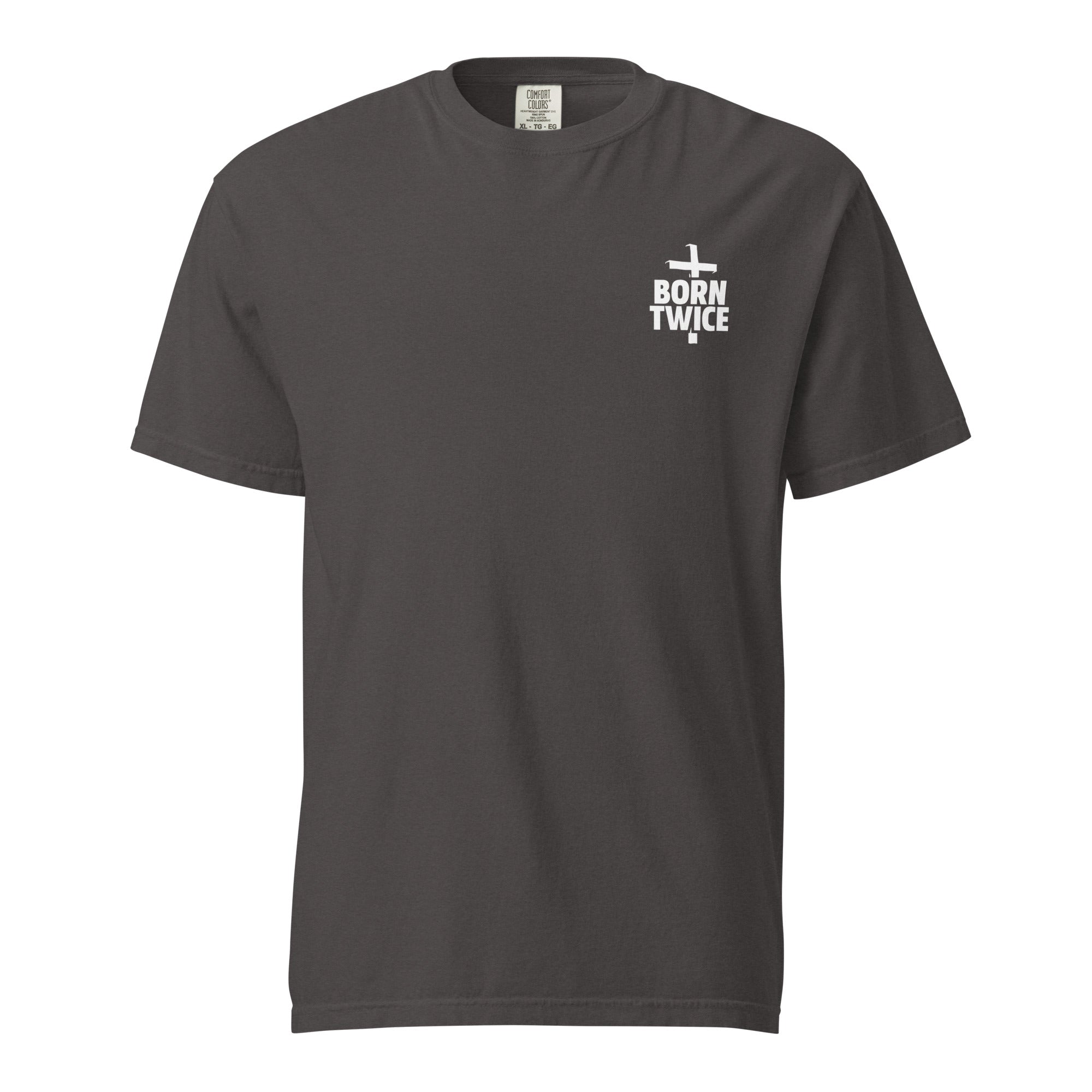 Image of Born Twice John 3:5 scripture t-shirt graphite front view — Entrusted to Him