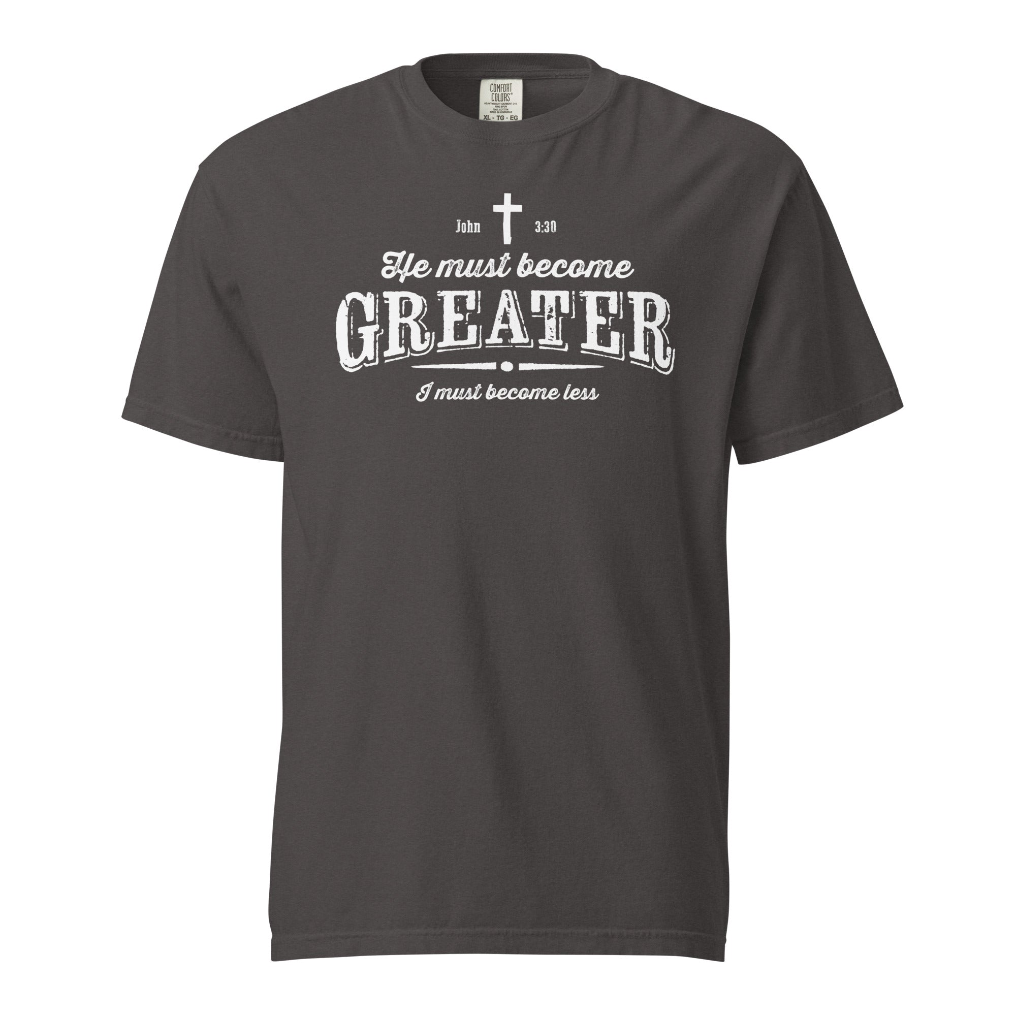 Image of He Must Become Greater Bible verse shirt graphite front view — Entrusted to Him