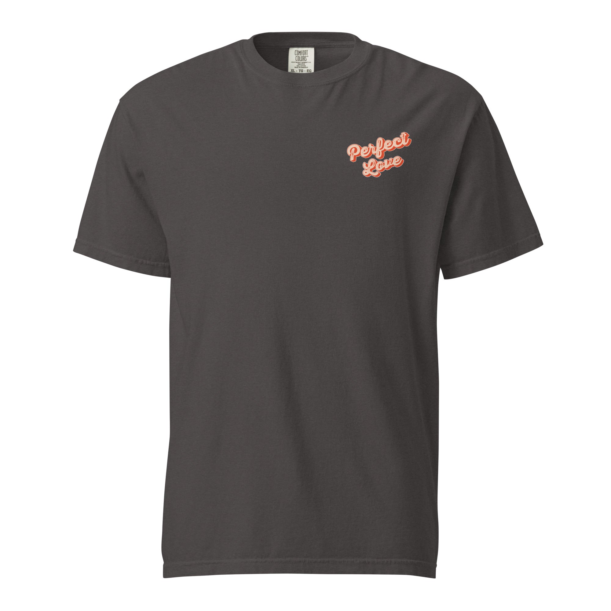 Image of Perfect Love Christian t-shirt graphite front alternate view — Entrusted to Him