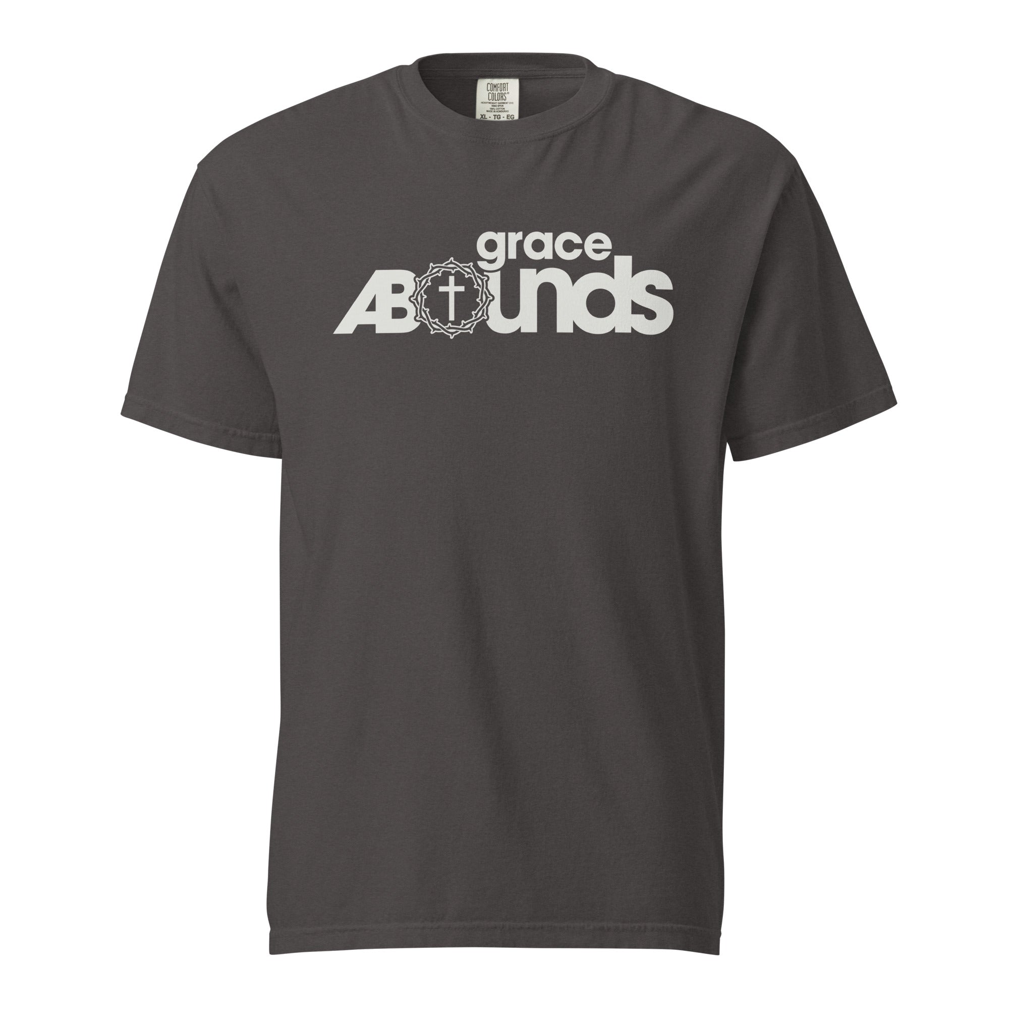 Image of Grace Abounds Bible verse shirt Christian t-shirt graphite front view — Entrusted to Him