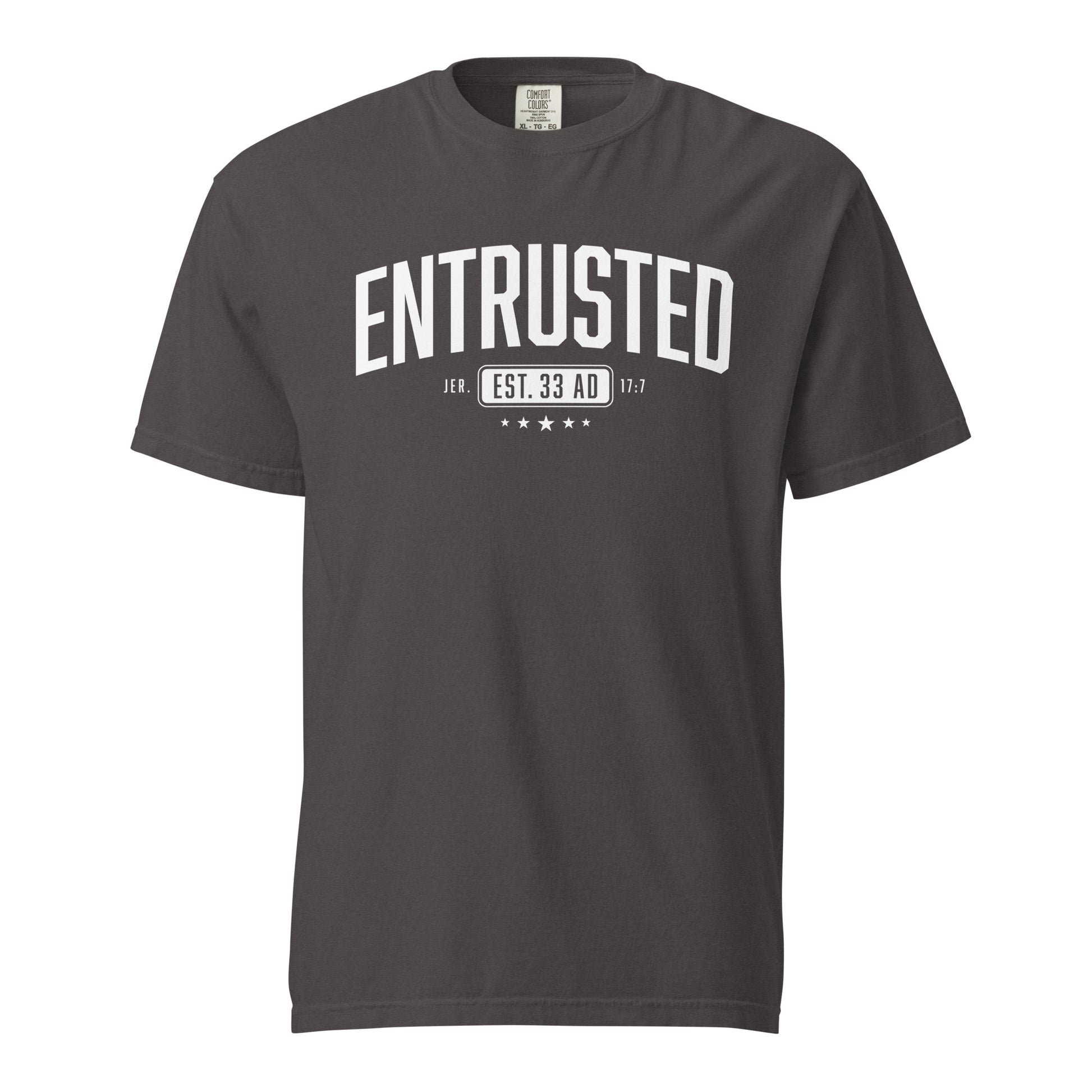 Entrusted Est. 33AD Jesus shirt graphite front view — Entrusted to Him
