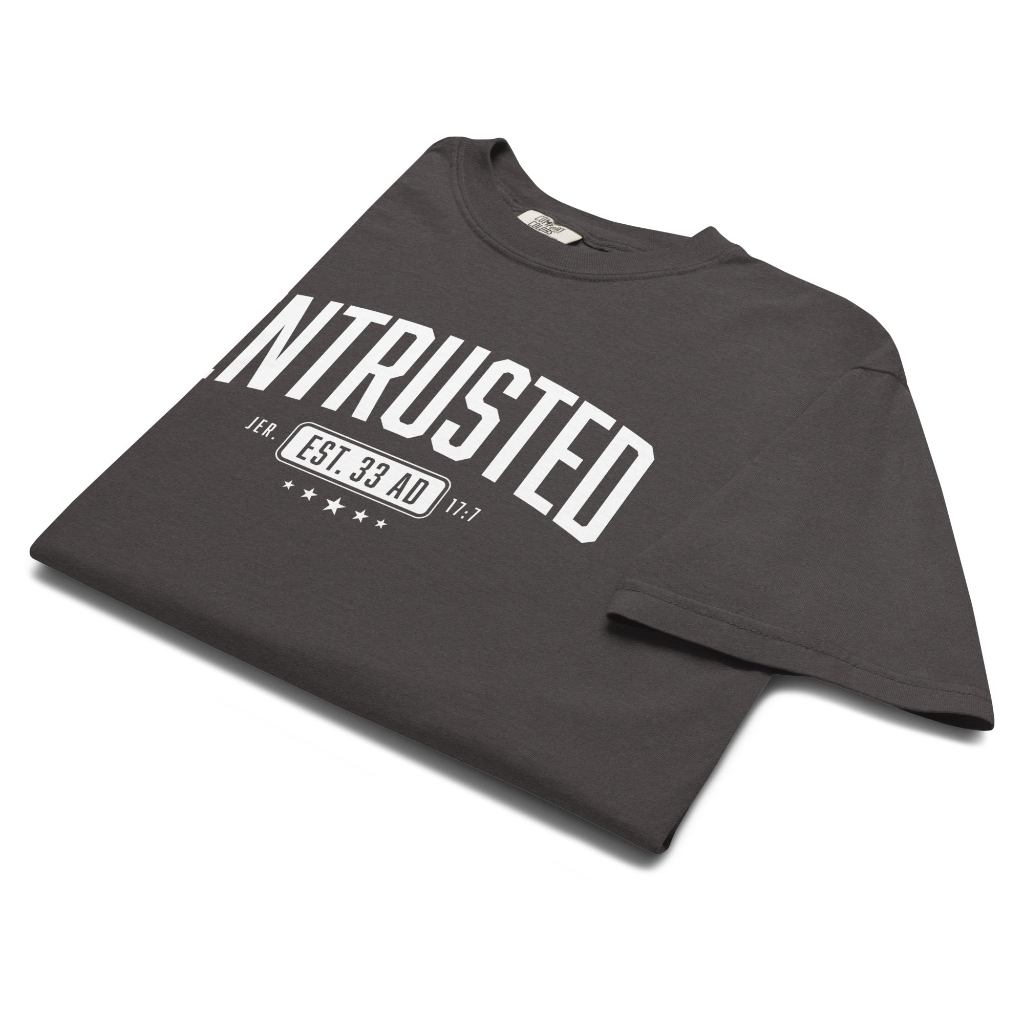 Image of Entrusted Est. 33AD Christian apparel graphite front detail view — Entrusted to Him