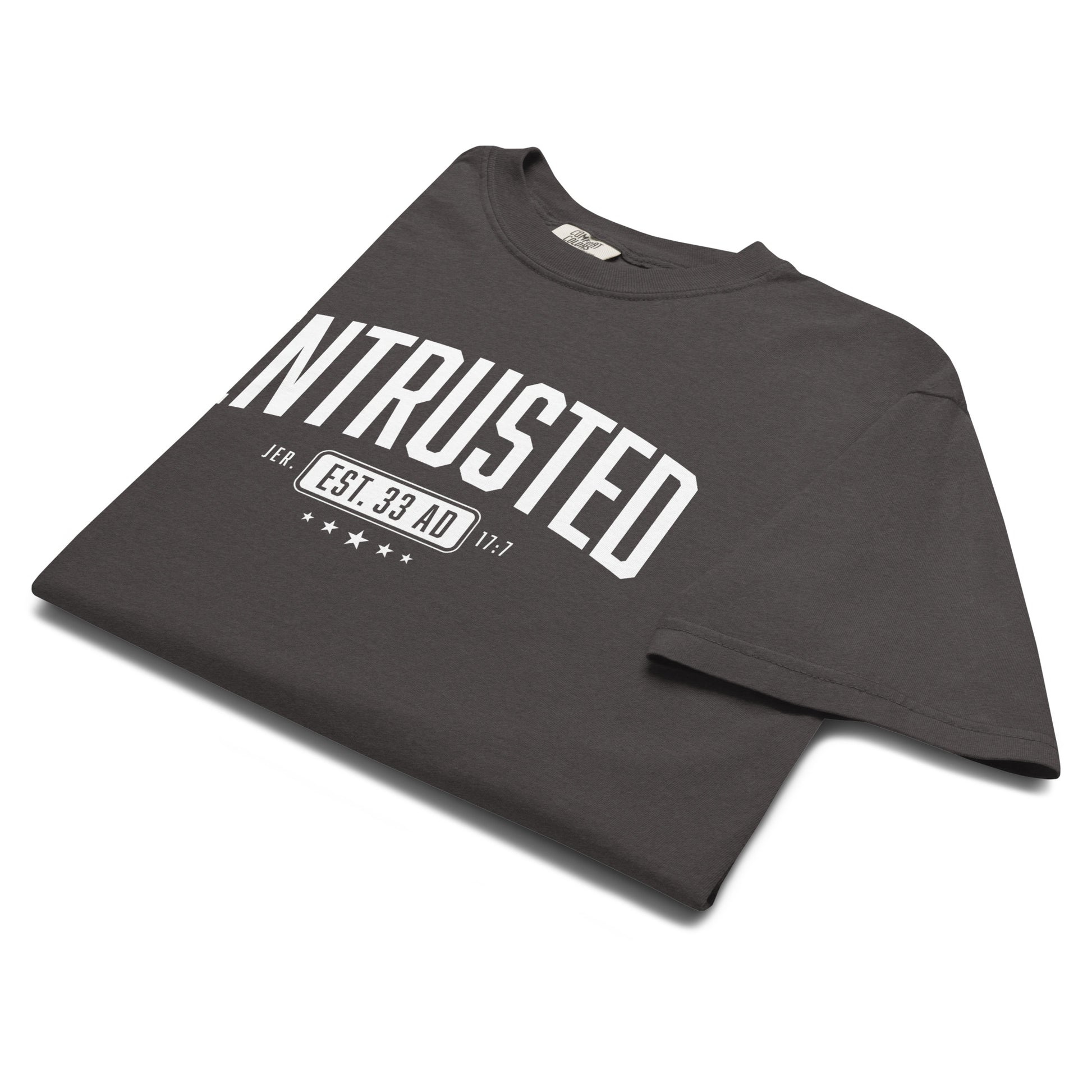 Entrusted Est. 33AD Christian apparel graphite front detail view — Entrusted to Him