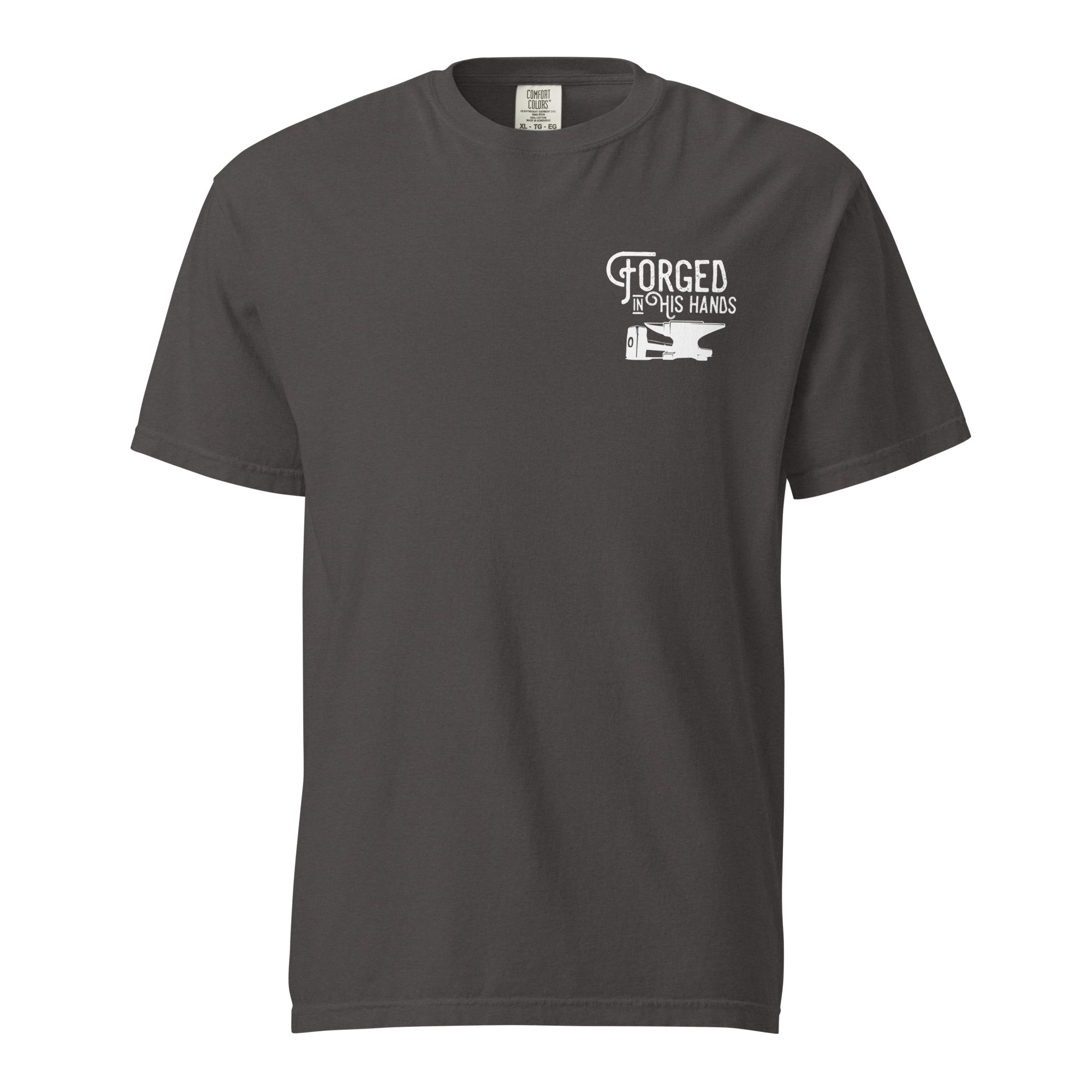 Image of Forged in His Hands scripture t-shirt graphite front view — Entrusted to Him