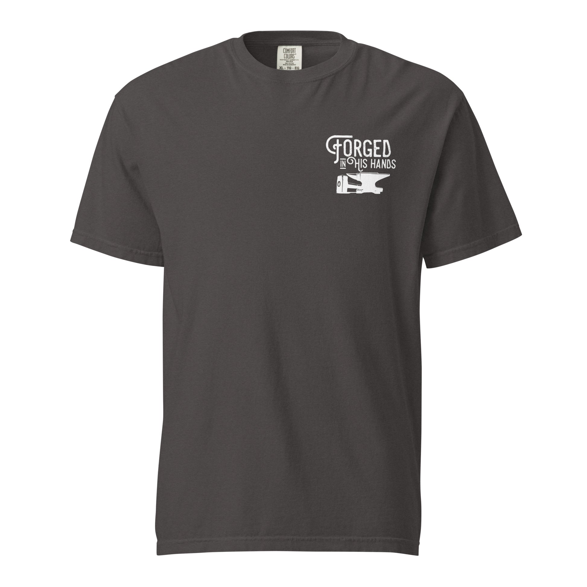 Forged in His Hands scripture t-shirt graphite front view — Entrusted to Him