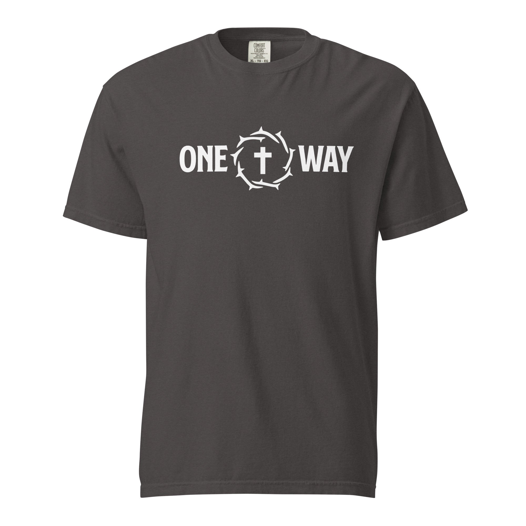 Image of One Way heavyweight t-shirt in graphite with cross and crown of thorns design, front view