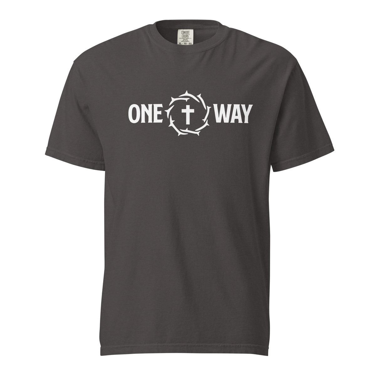 One Way heavyweight t-shirt in graphite with cross and crown of thorns design, front view