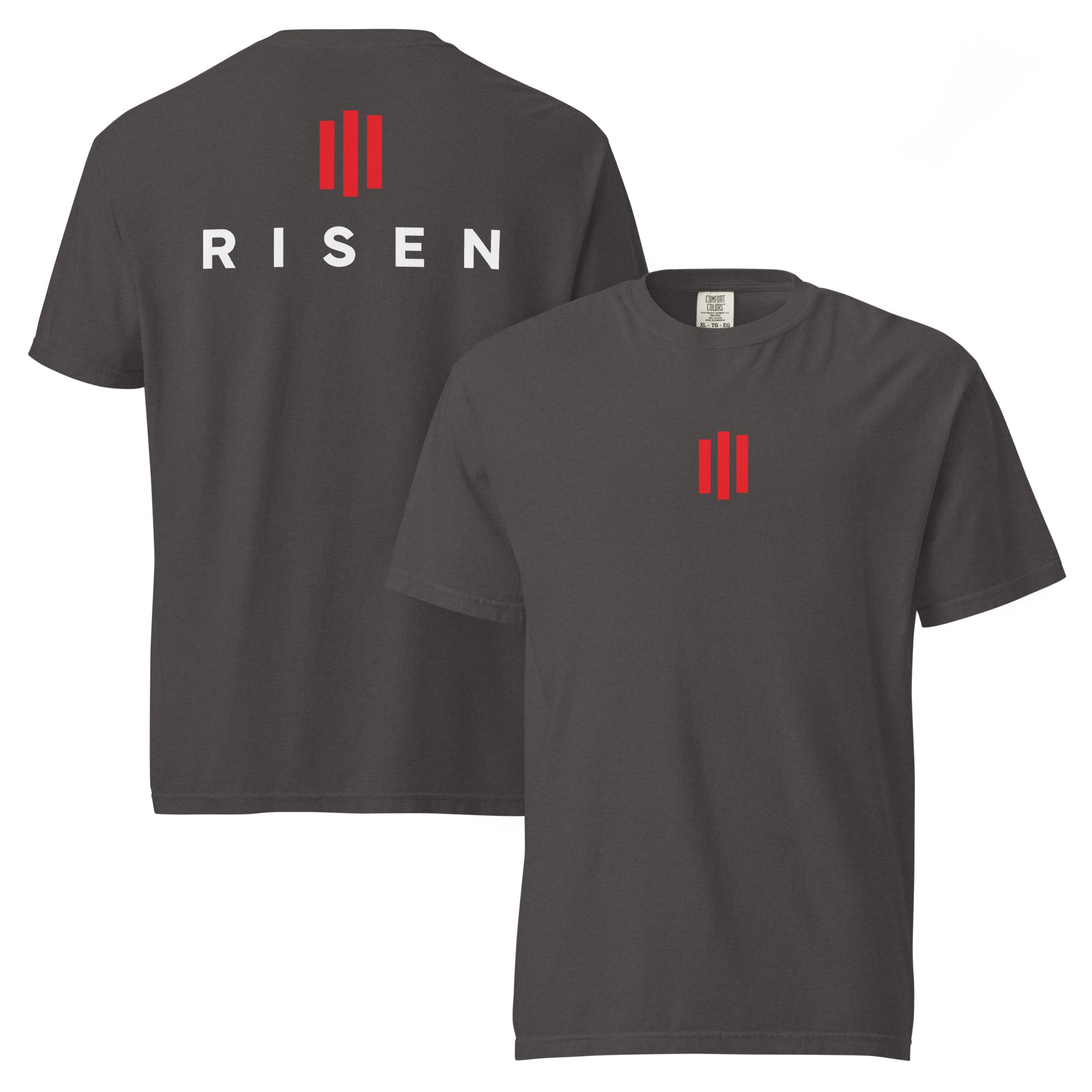 Image of Risen Jesus t-shirt graphite front and back view — Entrusted to Him