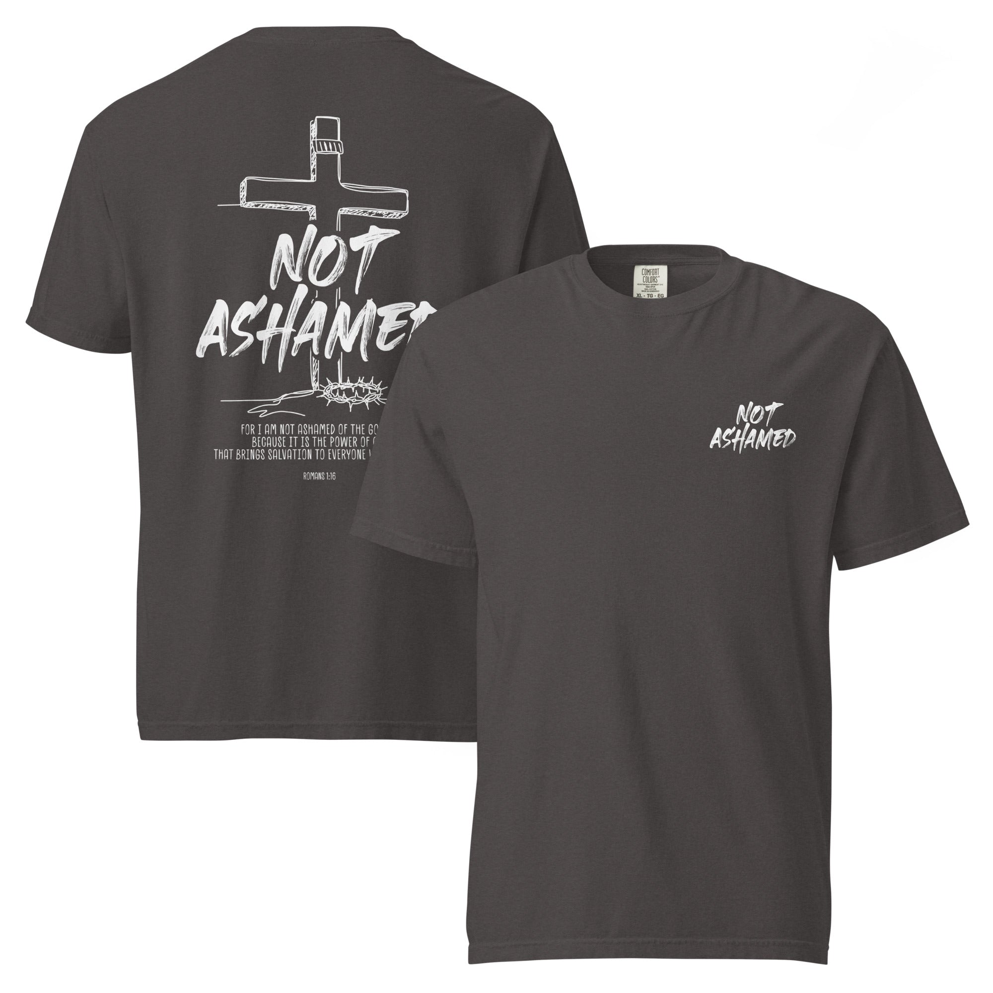 Image of Not Ashamed Jesus shirt graphite front and back view — Entrusted to Him