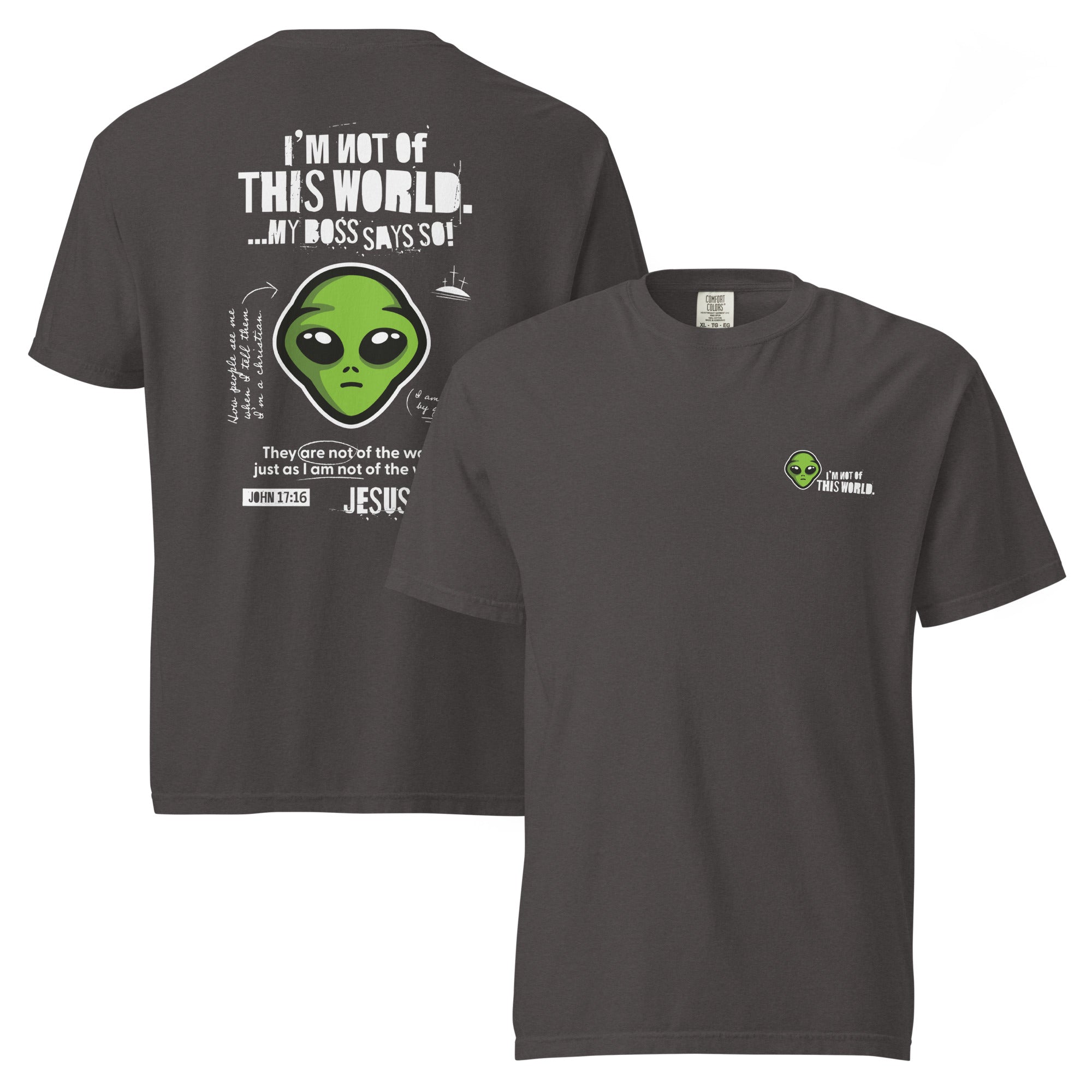 Image of Not From This World scripture t-shirt graphite front and back view — Entrusted to Him