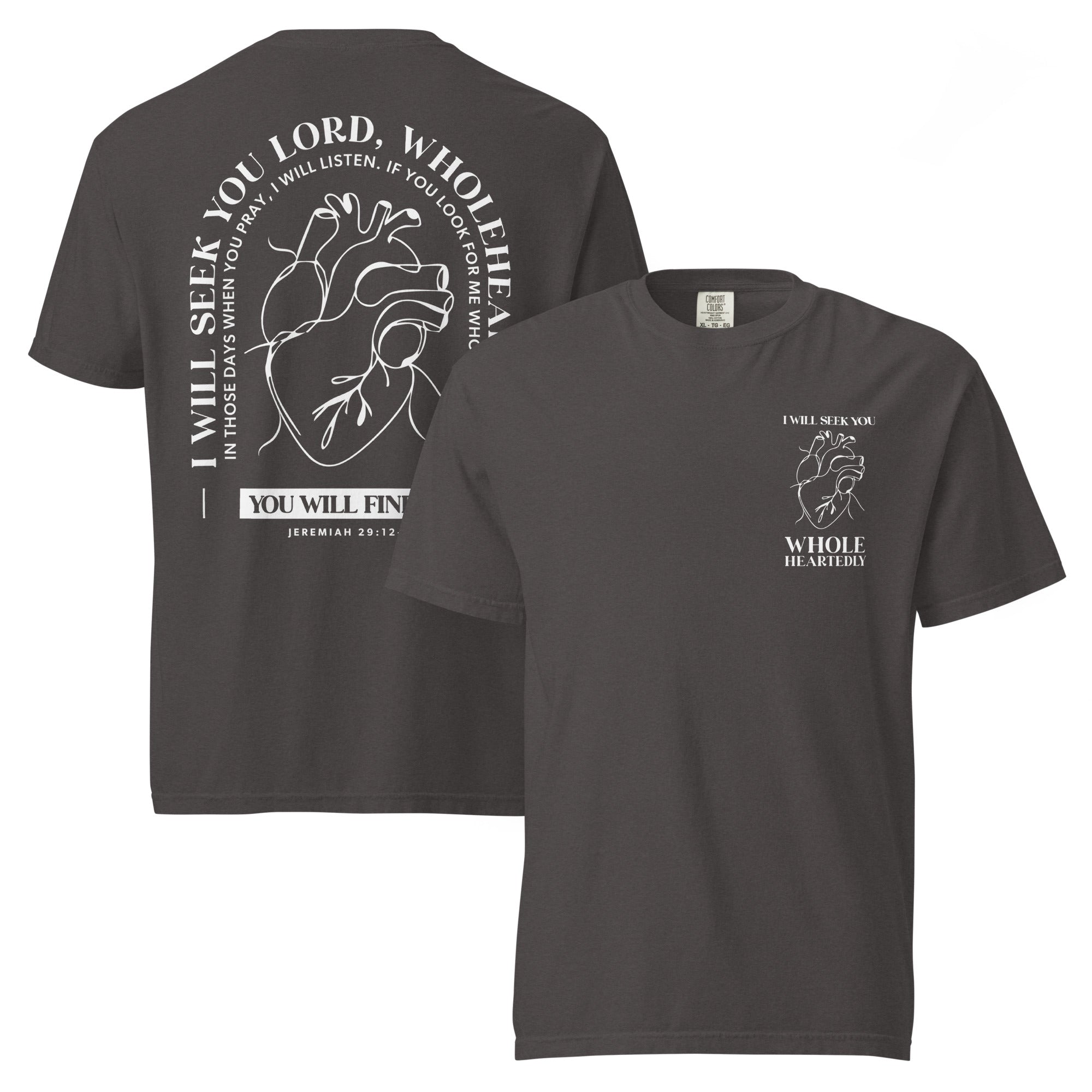 Image of Wholeheartedly Christian t-shirt graphite front and back view — Entrusted to Him