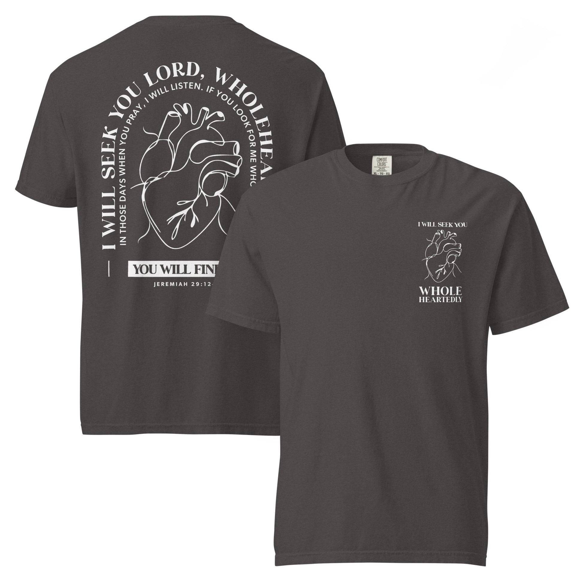 Wholeheartedly Christian t-shirt graphite front and back view — Entrusted to Him