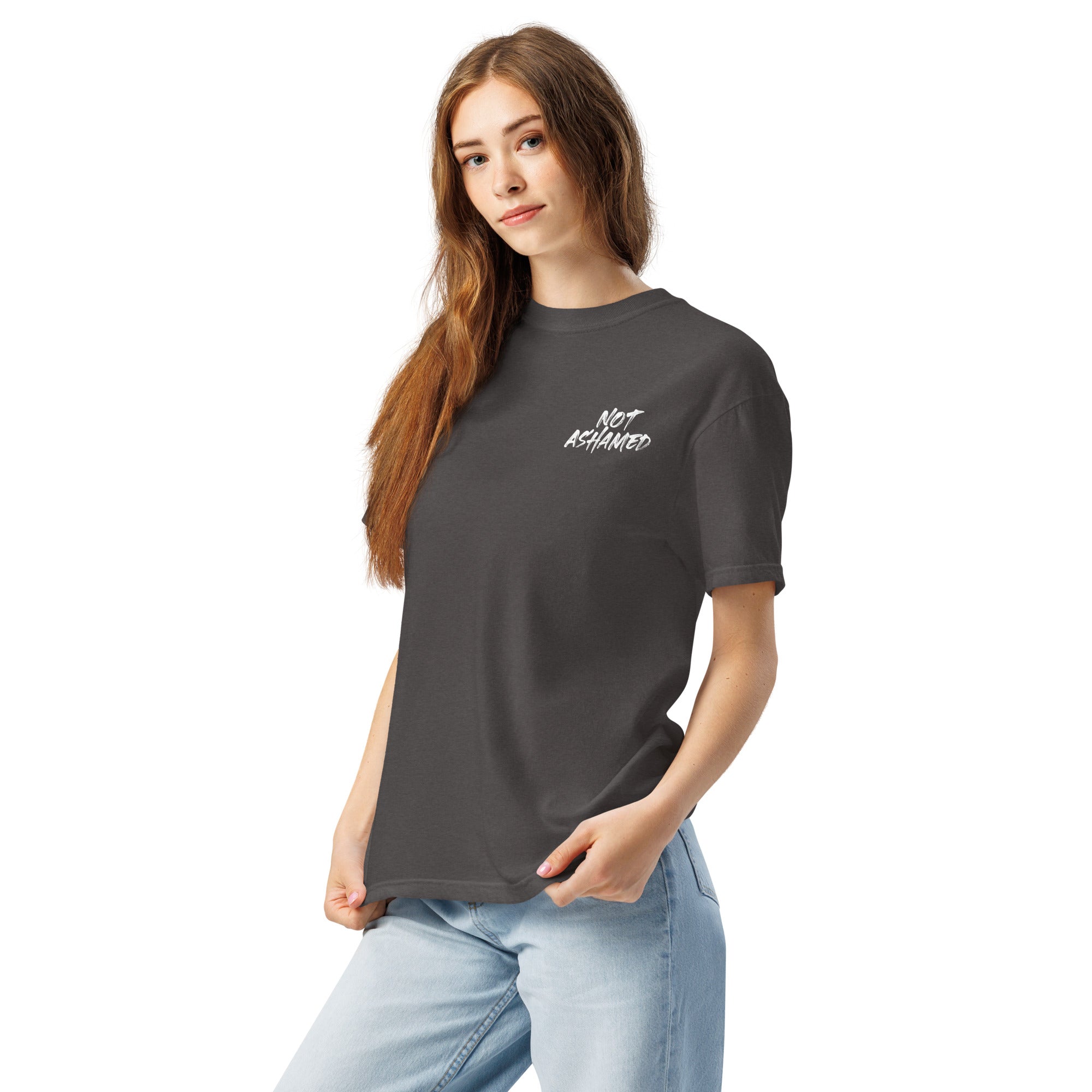 Image of Not Ashamed Jesus shirt graphite left front view — Entrusted to Him
