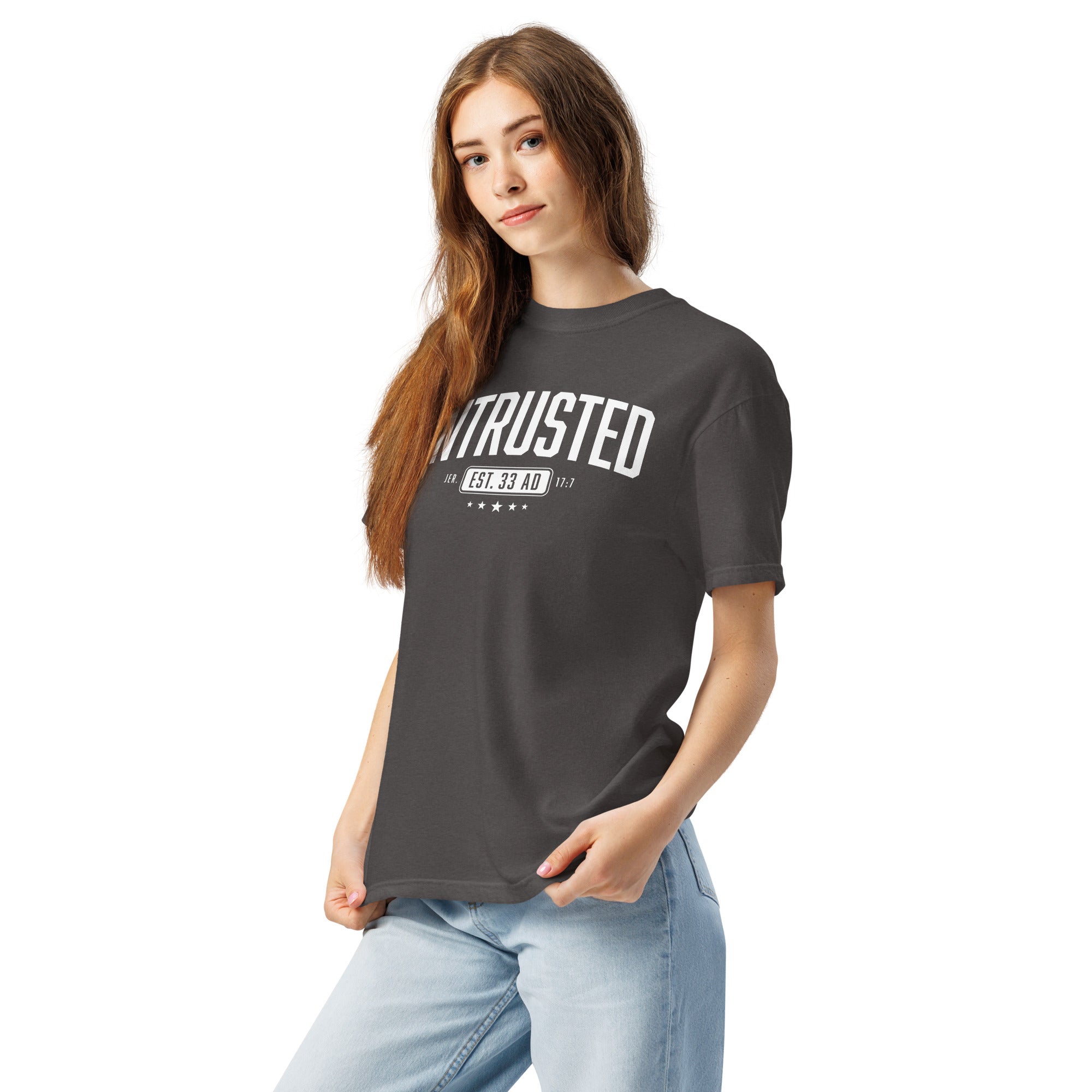 Image of Entrusted Est. 33AD Jesus t-shirt graphite left front view — Entrusted to Him