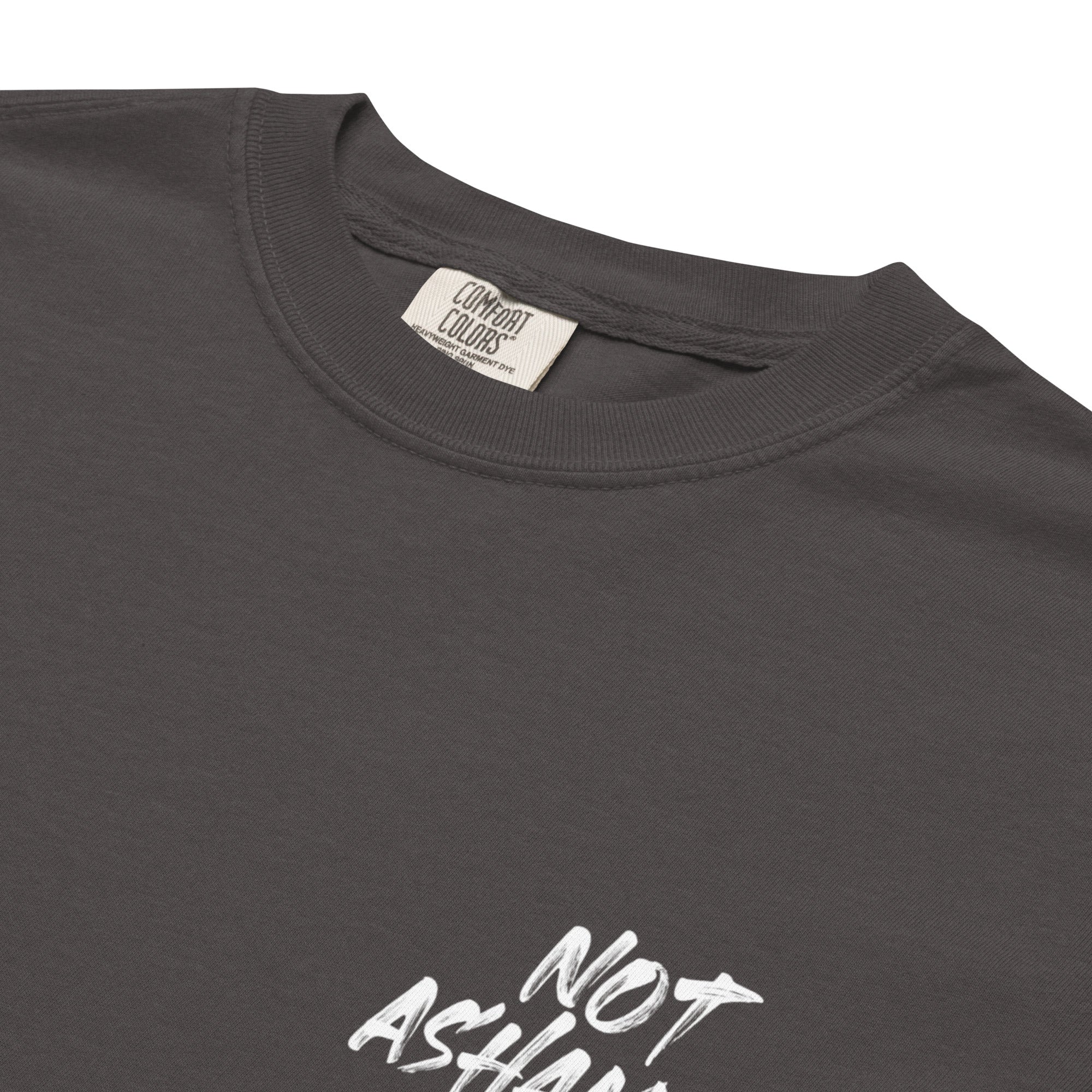 Image of Not Ashamed Christian graphic tee graphite close-up detail — Entrusted to Him