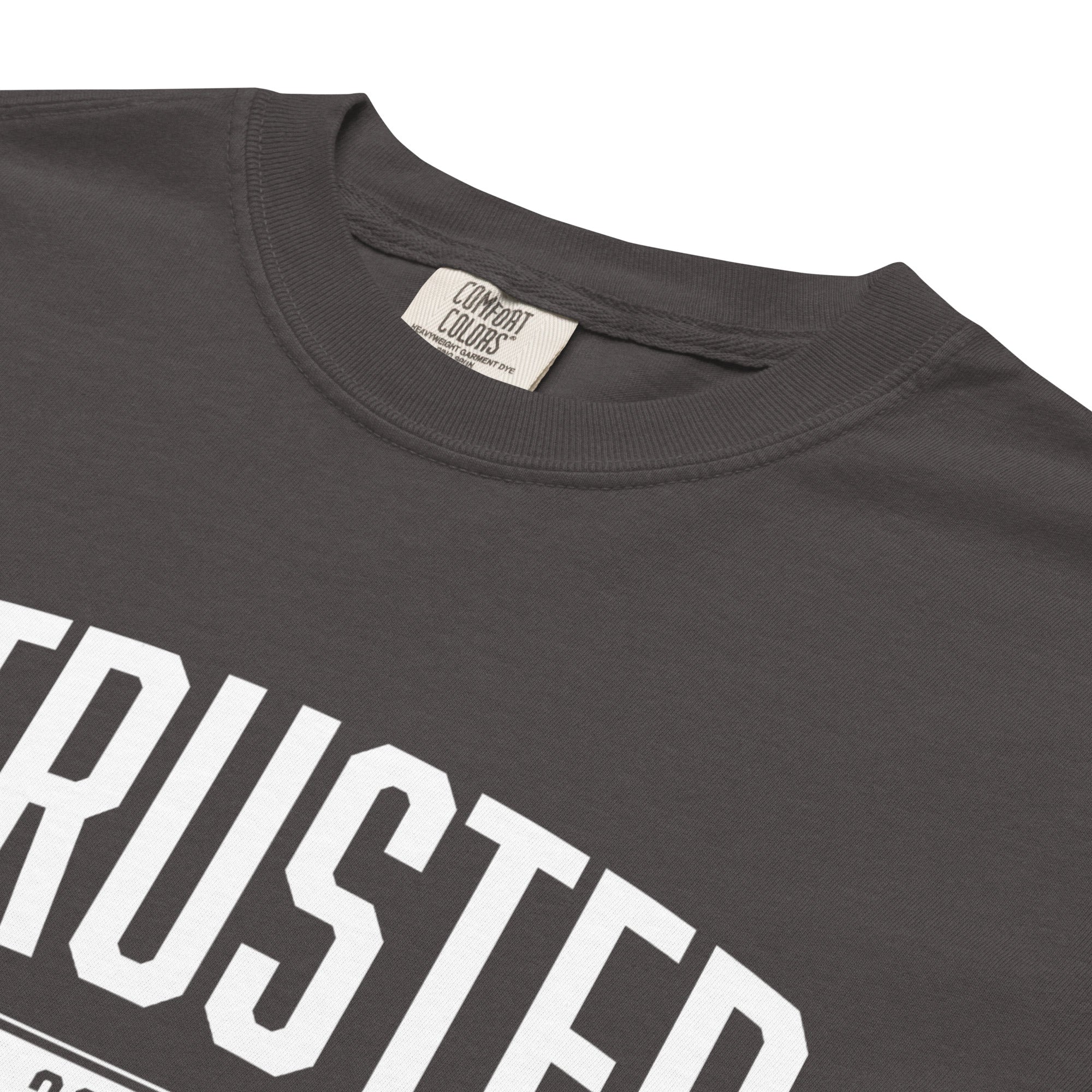 Image of Entrusted Est. 33AD t-shirt Christian graphite close-up detail — Entrusted to Him