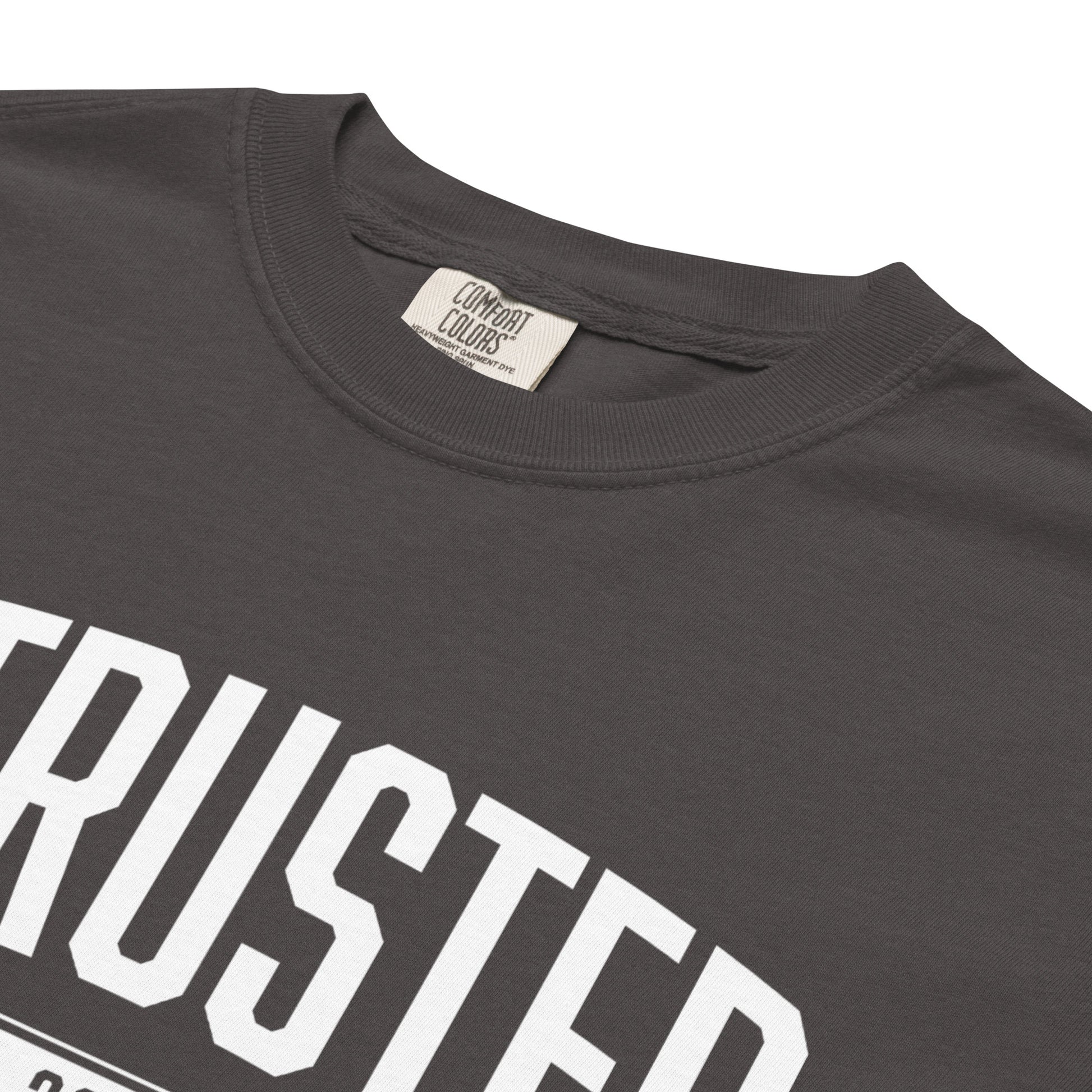 Entrusted Est. 33AD t-shirt Christian graphite close-up detail — Entrusted to Him