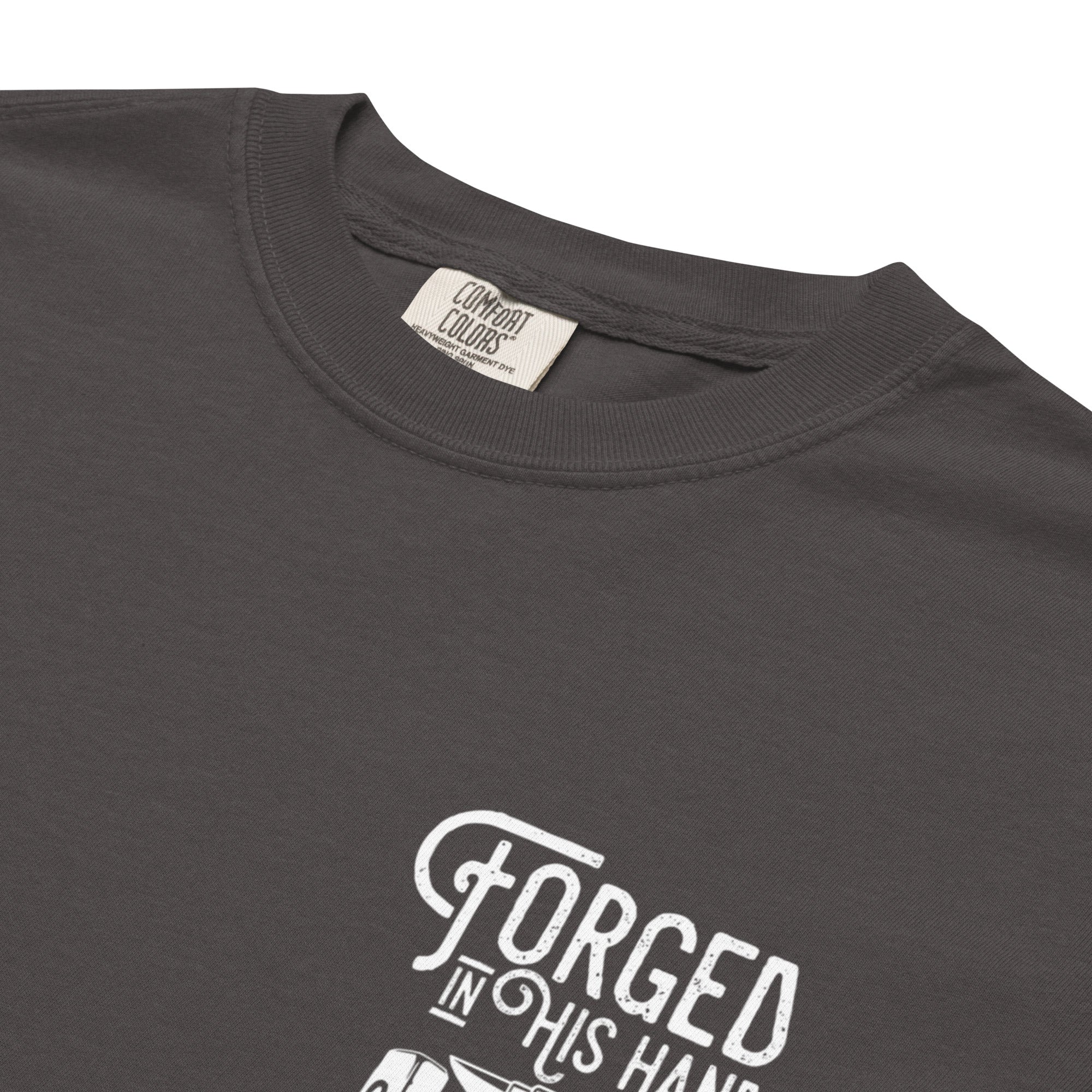 Image of Forged in His Hands Zechariah 13:9 Christian t-shirt graphite close-up detail view — Entrusted to Him