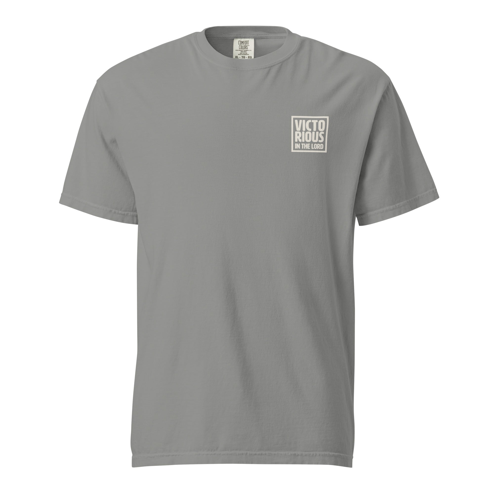 Image of Victorious christian t-shirt grey front view — Entrusted to Him
