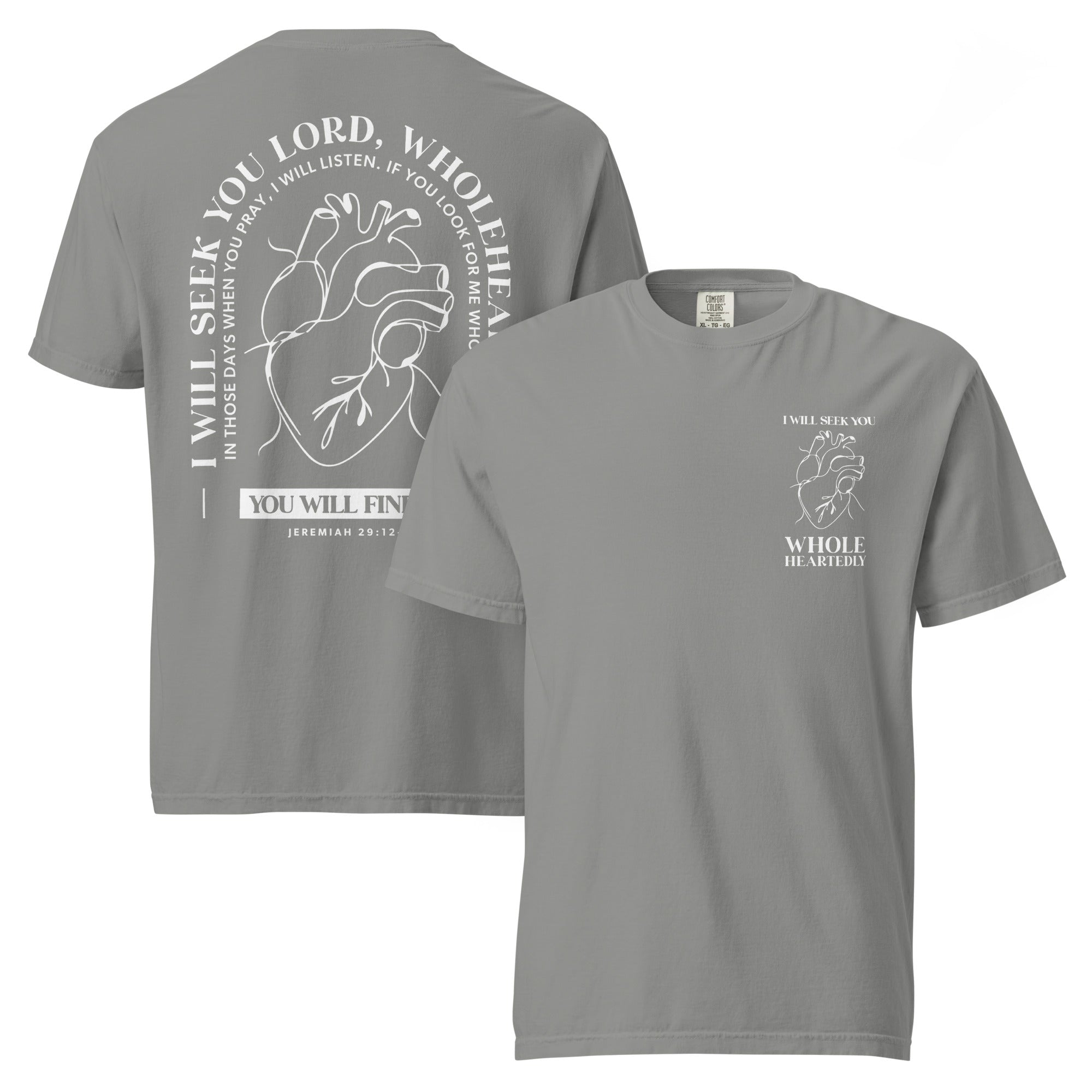 Image of Wholeheartedly Christian t-shirt grey front and back view — Entrusted to Him